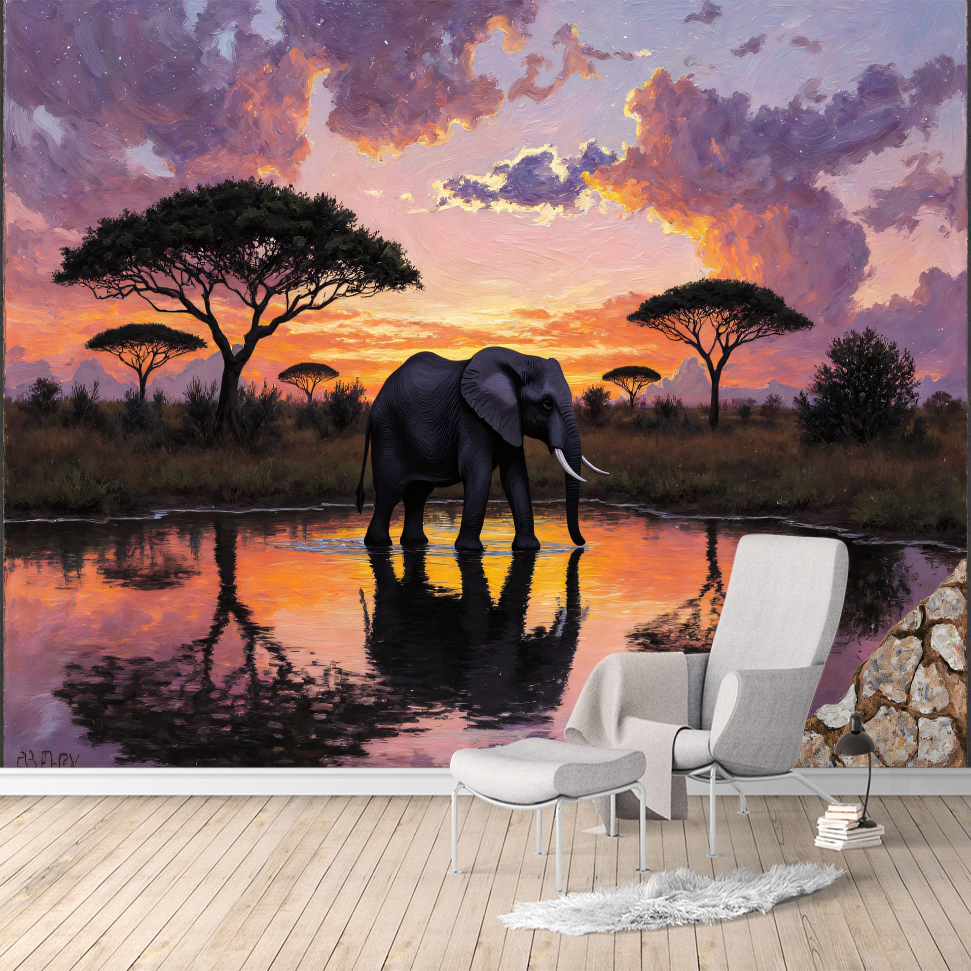 Custom Size Wall Murals,African Elephant Sunset Reflection Savannah Landscape,SelfAdhesive Water Activated Removable Wall Covering,Large Photo Wallpaper for Living Room Bedroom Office