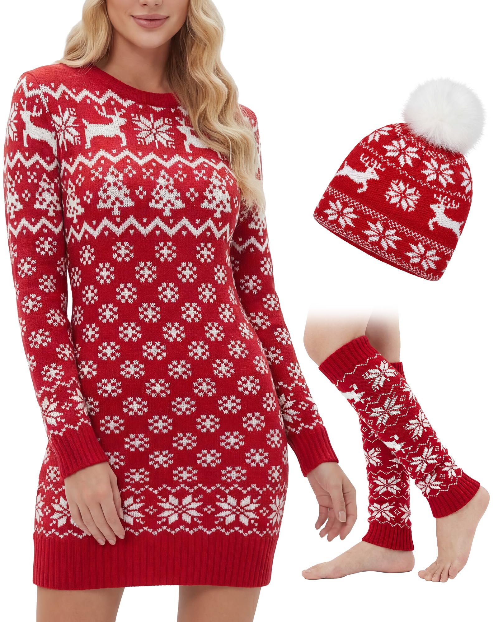 Cuffbow 3 Pcs Christmas Sweater Dress Set Women Long Sleeve Sweater Dress Xmas Thigh High Socks and Hat