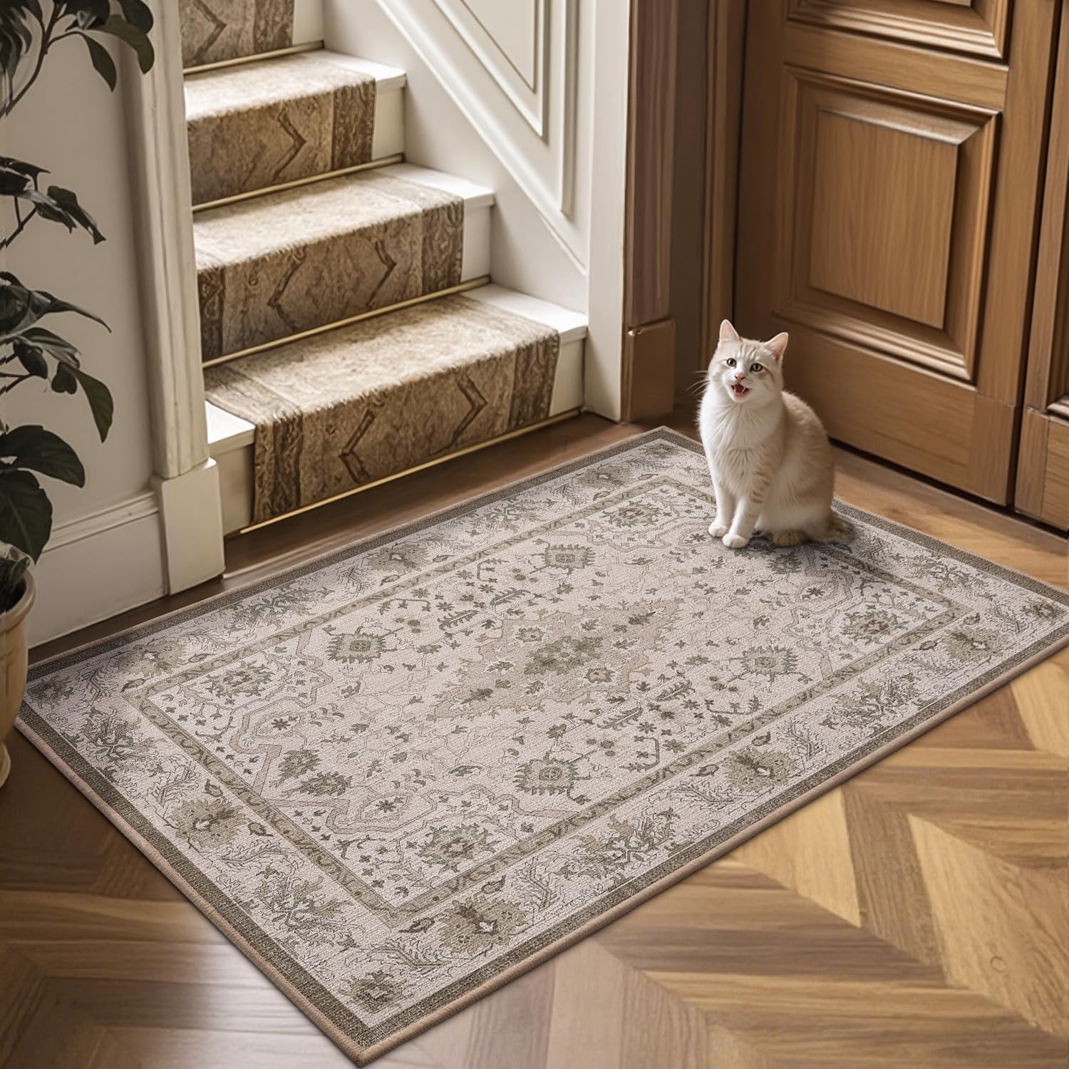LUMI Washable Ultra-Thin Entryway Mats, Oriental Small Indoor Door Mat, Non-Slip Inside Welcome Doormats, Retro Distressed Carpet for Front Door,Bedroom, 18"x30", Beige - Image 8
