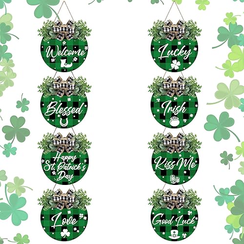 Menkxi 8 piezas de decoración de puerta del día de San Patricio, búfalo a cuadros del día de San Patricio, letrero de madera irlandés del día de San