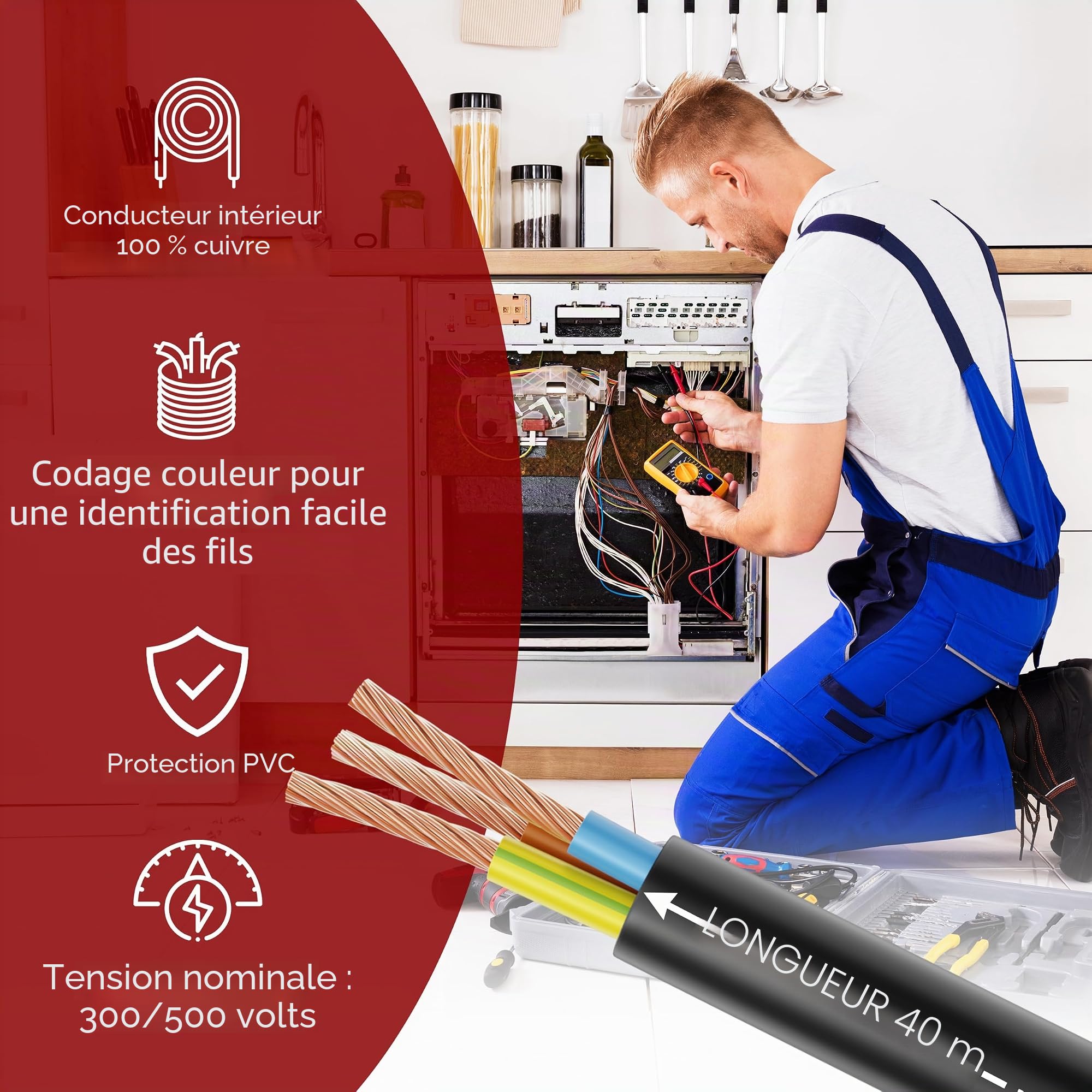 Câble en plastique souple H05VV-F 3G0,75 - 3G1, 3G1,5 ou 3G2,5 - Noir - De 5 à 100 m - Câble d'appareil - (H05VV-F 3G0,75 SW, 40 m)