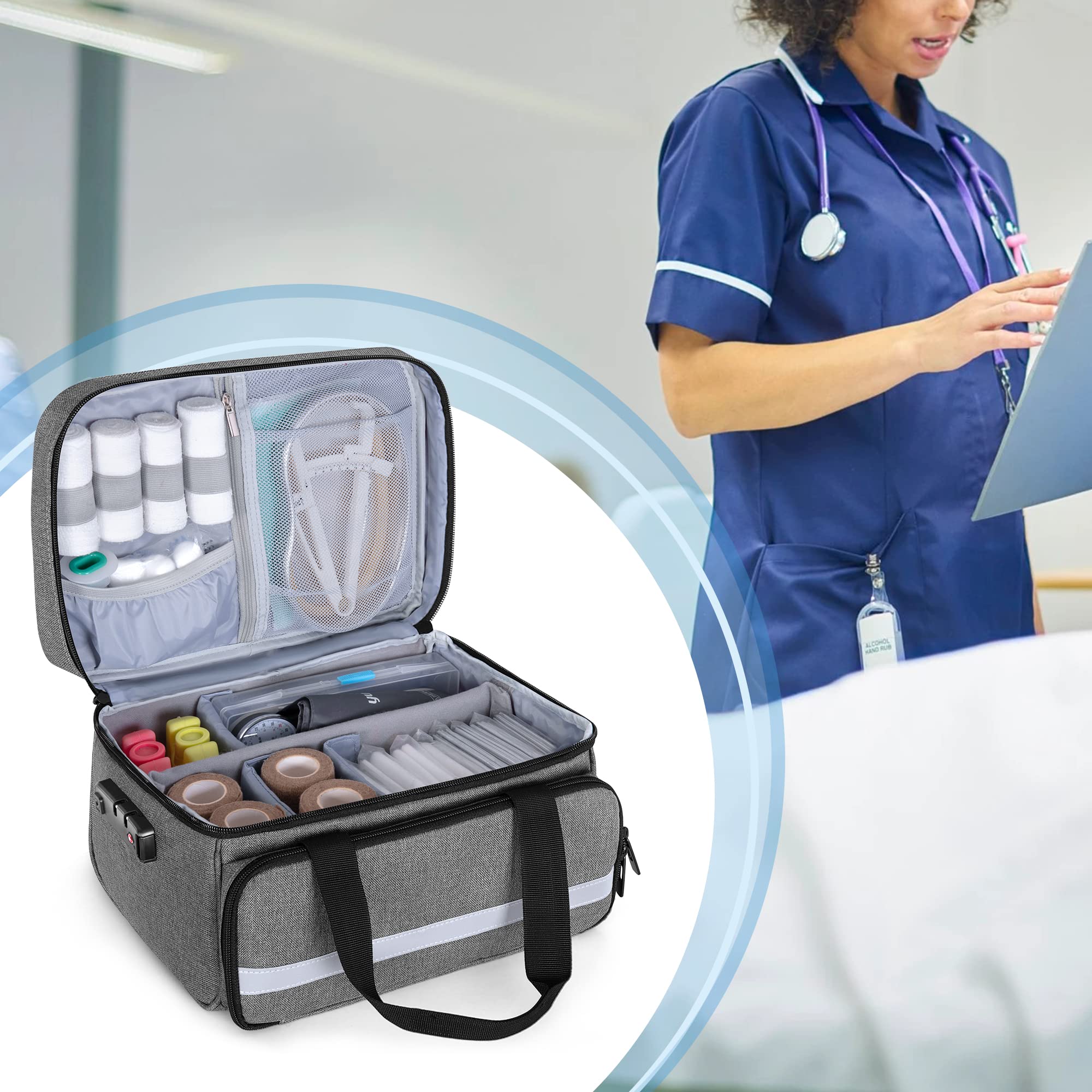 CURMIO Botiquin de Primeros Auxilios, Bolsa de Almacenamiento de Medicamentos con Cerradura, Bolsa Médica de Emergencia para el Viaje y Hogar, SÓLO Bolsa, Gris (Diseño Patentado)