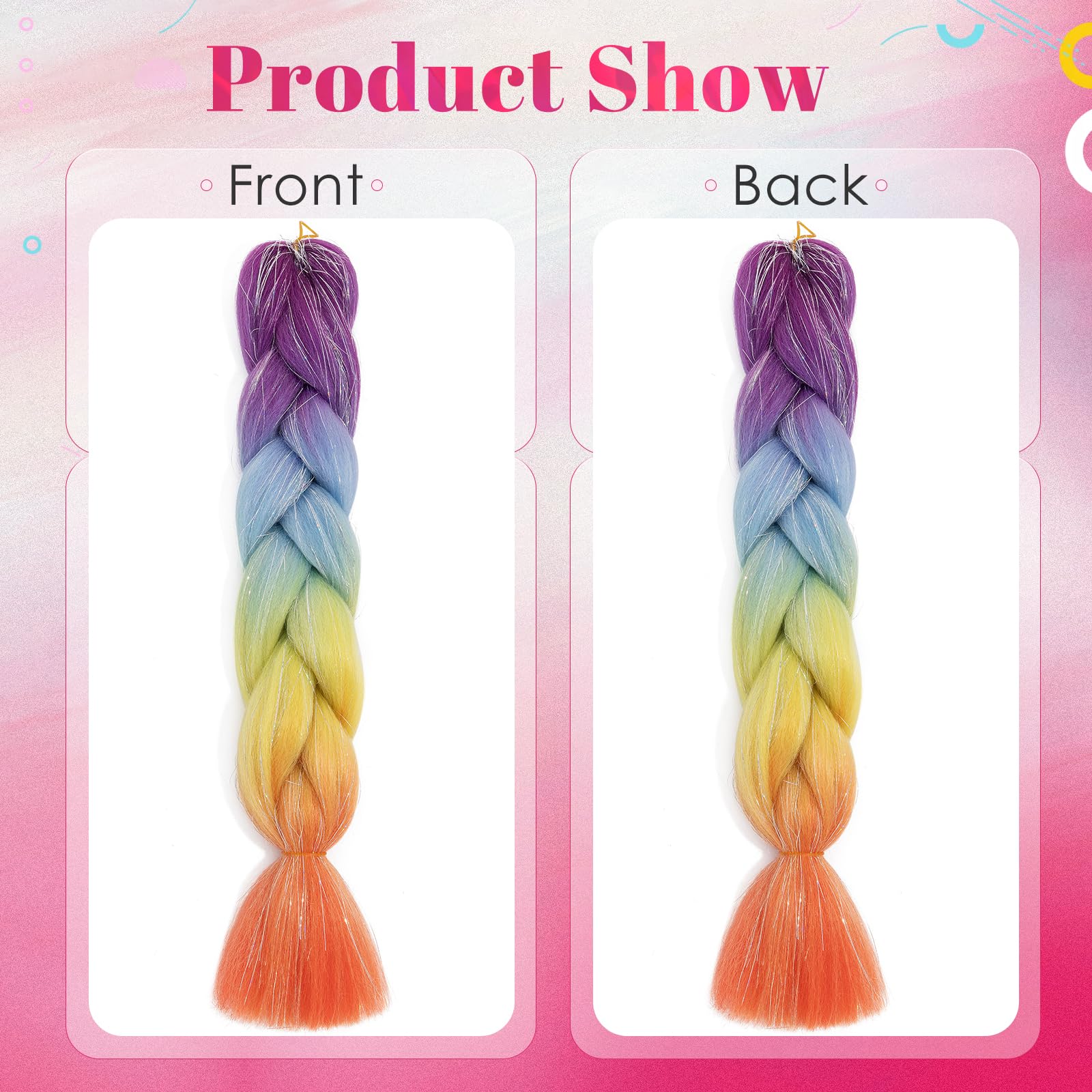 Benehair 24 Inches Braiding Hair Sparkly Braids Extensions Hair with Tinsel Mashup Colorful Synthetic Hair for Braid Hair Extensions for Women(Purple-Blue-Orange - Image 3