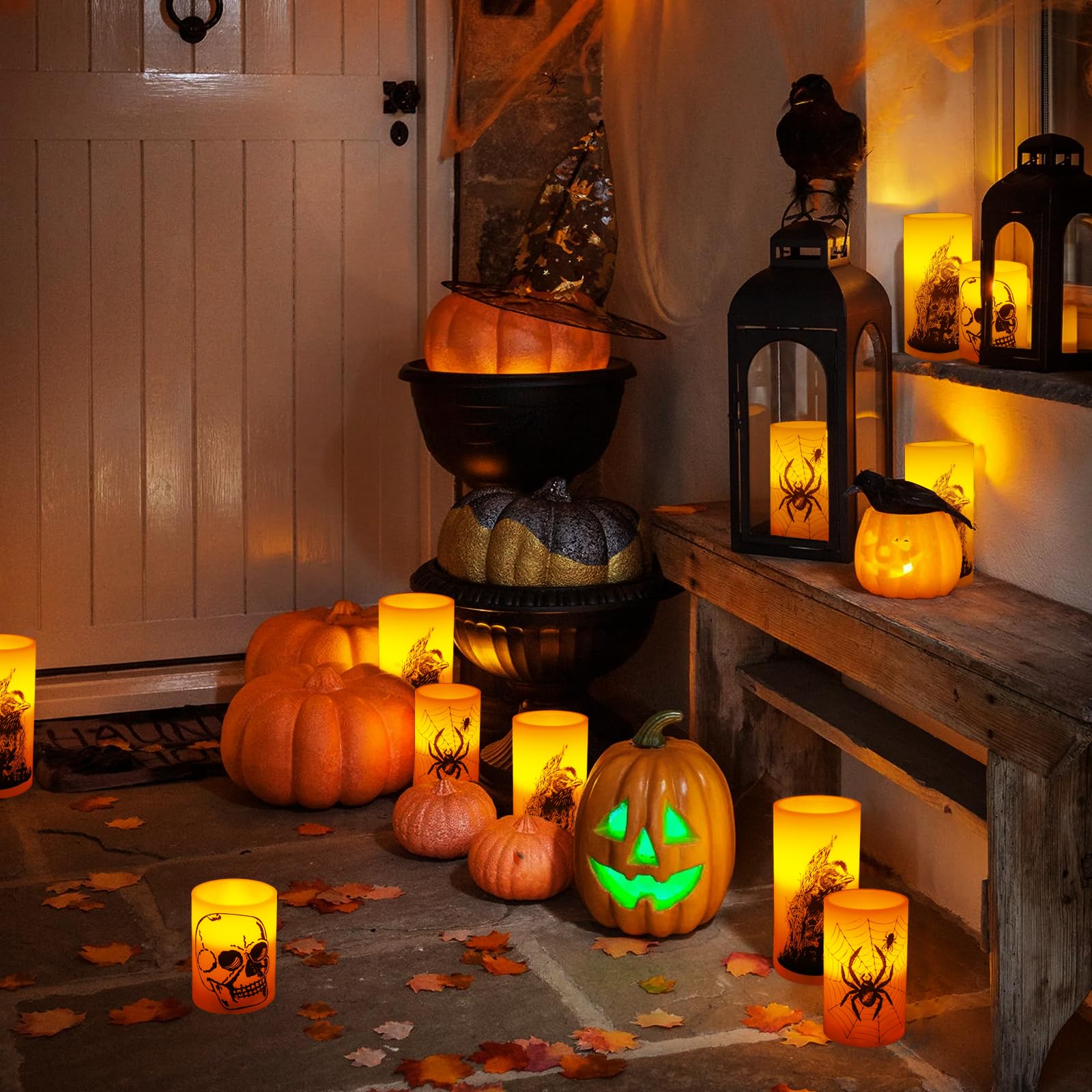 7 Bougies LED Halloween Avec Araignées, Crânes Et Yeux - Décoration D'intérieur Et D'extérieur Sans Flamme - 12