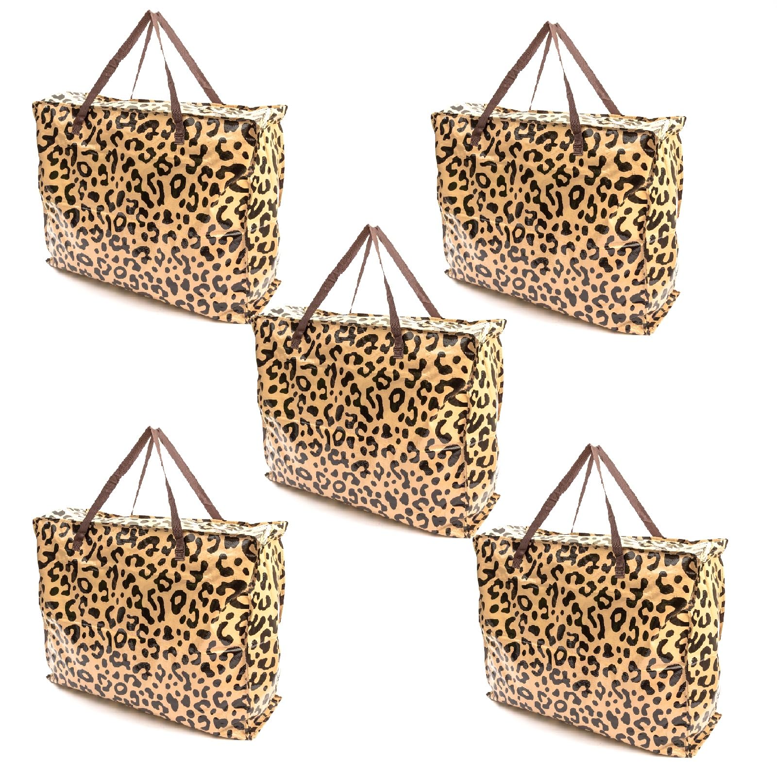 5 PACK Storage Bags Leopard Print Animal Design 75x60x25cm Heavy Duty Laundry Bags X-Large With Zip Waterproof Durable Reusable Foldable Strong Clothing Wardrobe Moving House Shopping Toy Decorations
