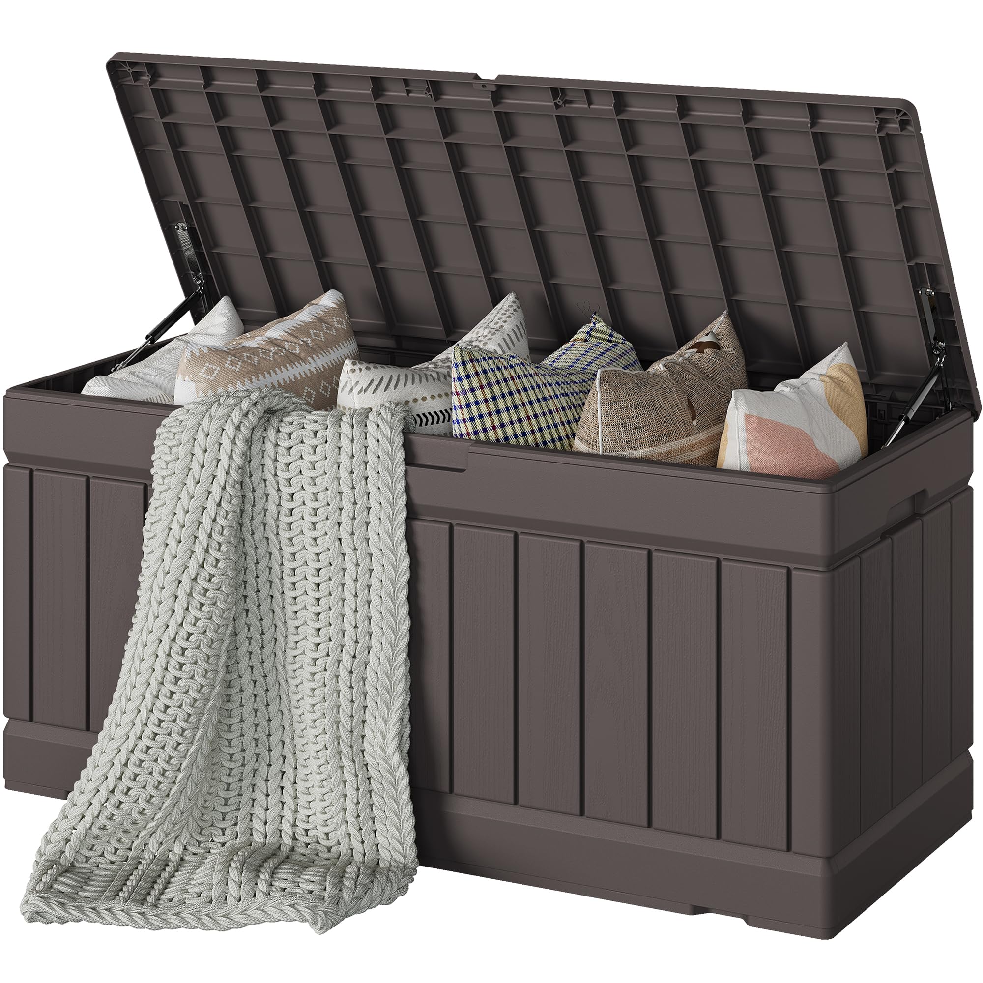 Devoko 78 Gallon Deck Box, Waterproof Resin Outdoor Storage Box for Outside and Patio, Outdoor Storage Bench Lockable for Patio Furniture, Garden Tools and Pool Supplies (Brown, 78 Gallon)