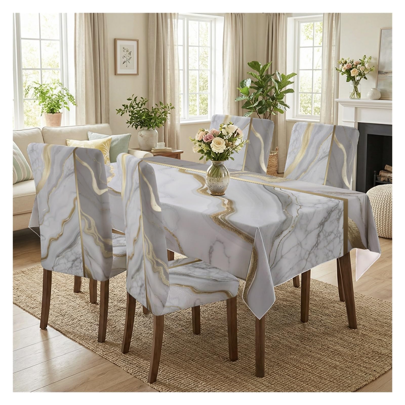 BOSUYBN Grey Marble Gold Fluid Streak Printed Dining Tablecloth & Chair Covers Set, 5/7 Piece Modern Minimalist Luxury Glam Dining Decor Table Setting(5pcs Set: Tablecloth+Chair Covers)