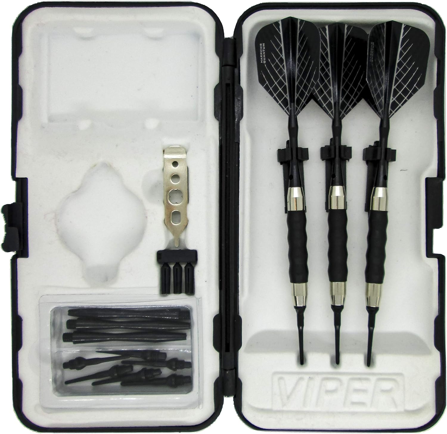 sure grip Viper Black Soft Tip Darts with Dart Case & Accessories Choice of Flights 16 or 18 Grams Plus I Love Darts Bracelet (Harrows Quantum, 16g)
