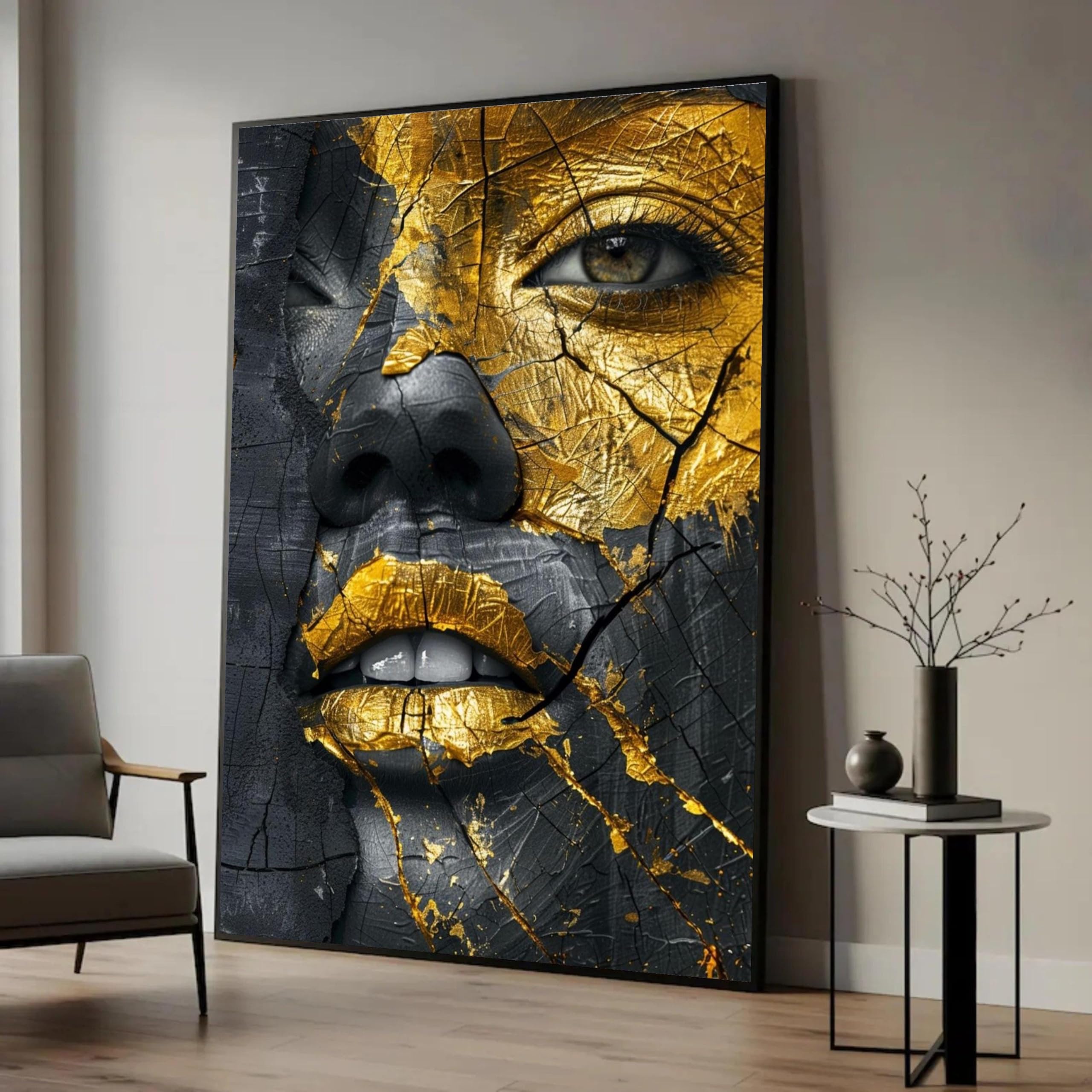 LMYCHENG Golden Face Painting Canvas Art, Abstract Portrait Wall Pictures, Black Gold Canvas Print(70x110cm/Frameless)
