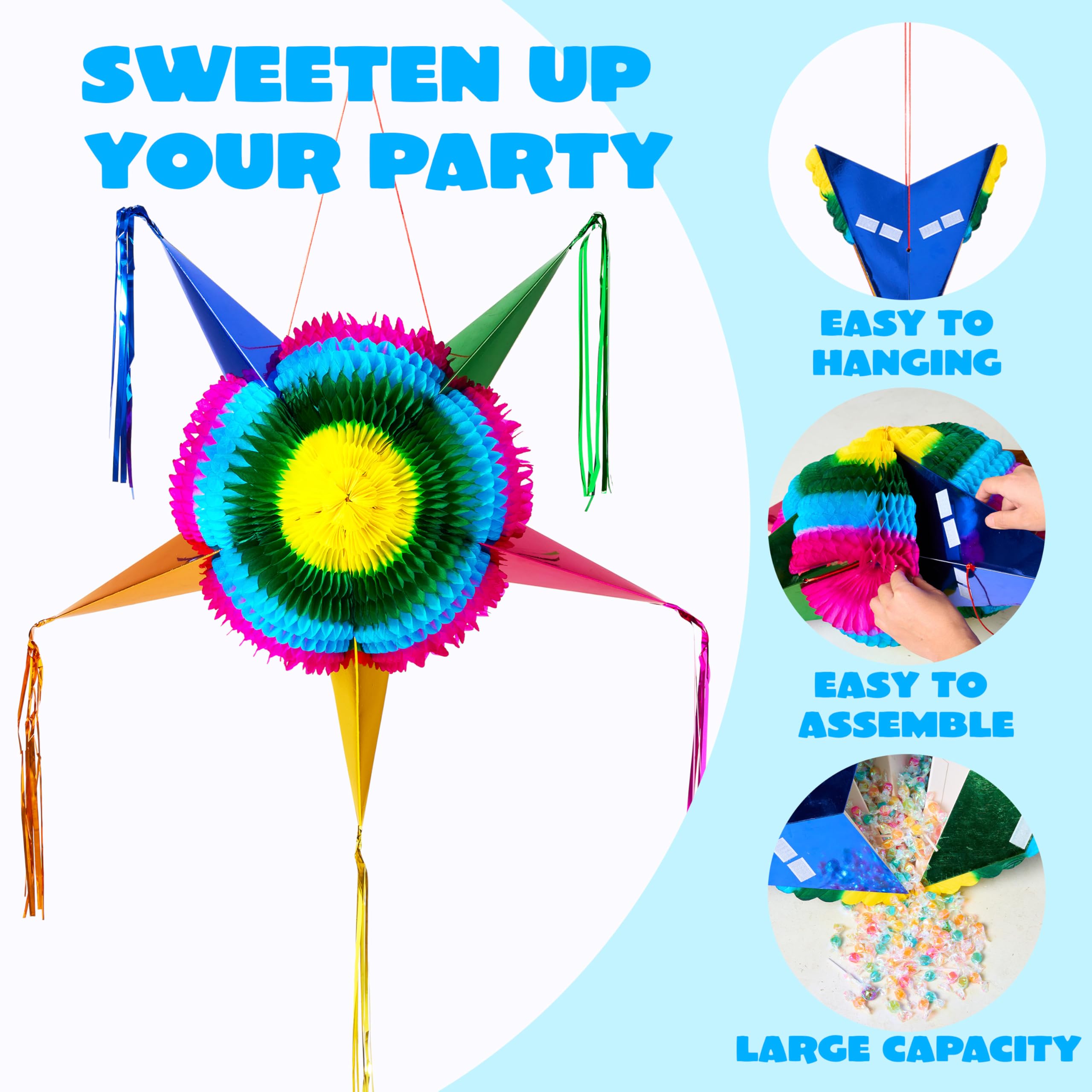JOYIN Piñata de estrella grande de 33 pulgadas, piñata plegable para fiesta mexicana con vibrante centro de panal, decoraciones de fiesta coloridas tradicionales para el Cinco de Mayo, suministros de
