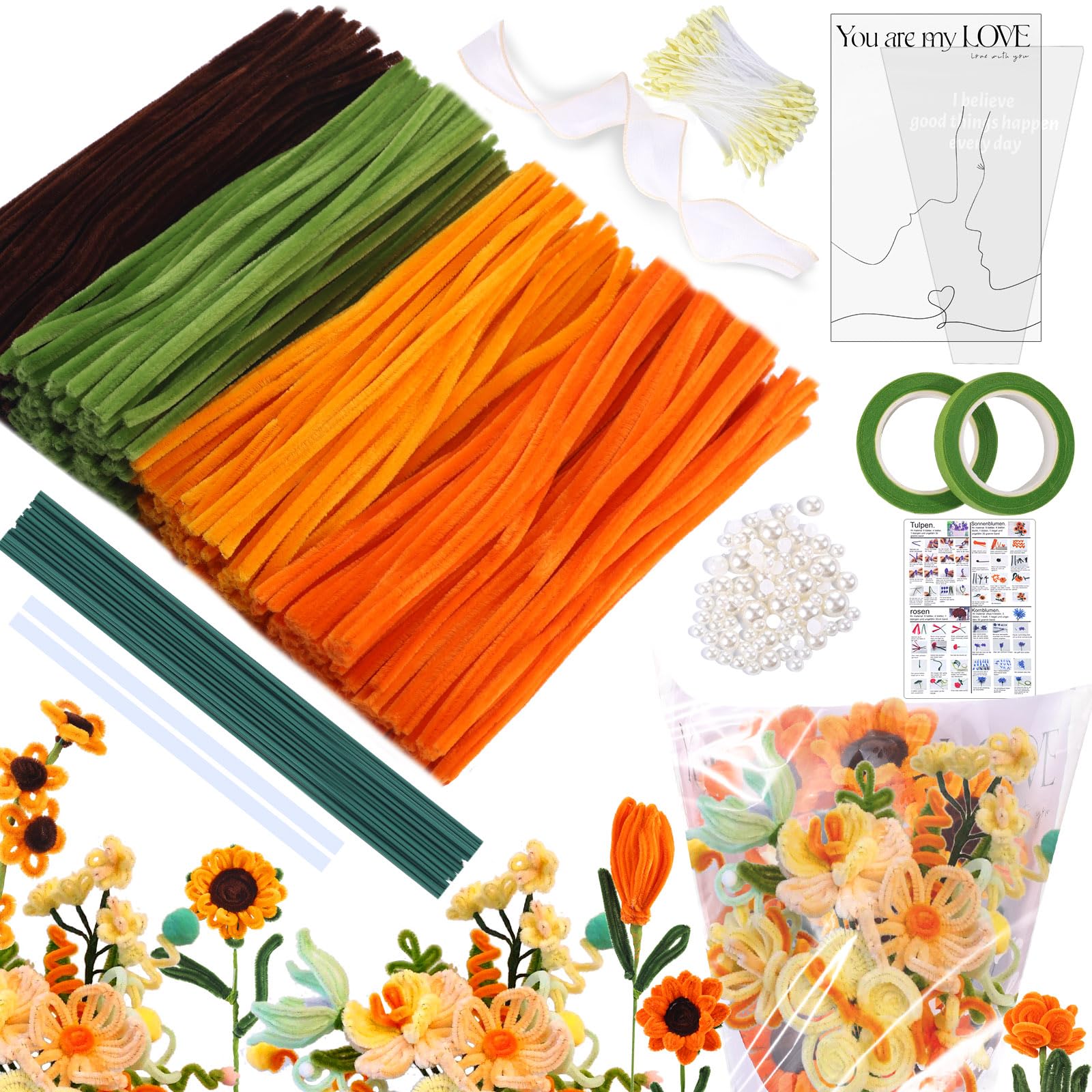 MKLG 435 Stück Pfeifenreiniger Blumen Set, Pfeifenputzer Blumen Zum Basteln, Mit Grüne Blumenstöcke, Klebebandrollen, Klebestifte, Anleitungen, Blumenstraußverpackungen, Bänder