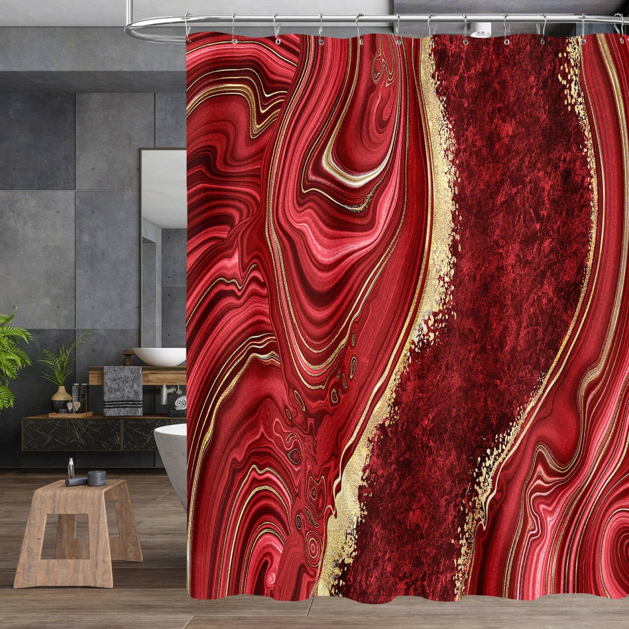 Juego de 4 cortinas de ducha de mármol rojo con alfombras, juegos de baño abstractos con cortina de ducha y alfombras, juego de cortinas de baño modernas con tapa de inodoro, accesorios para 4