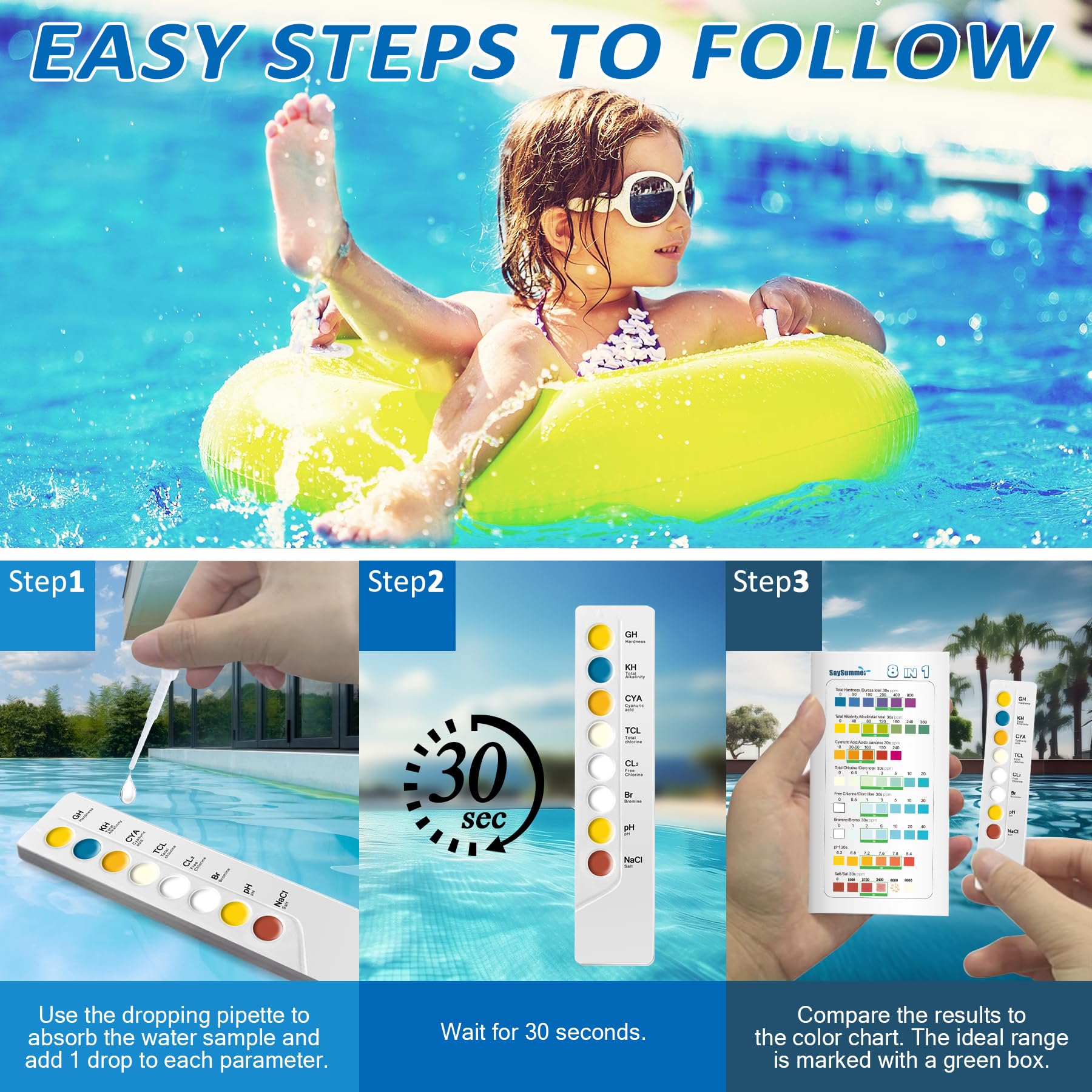 Pool Salt Test Kit Snapklik.com : Salt Water Pool Testing Kit: Individually Sealed 8 In 1 ...