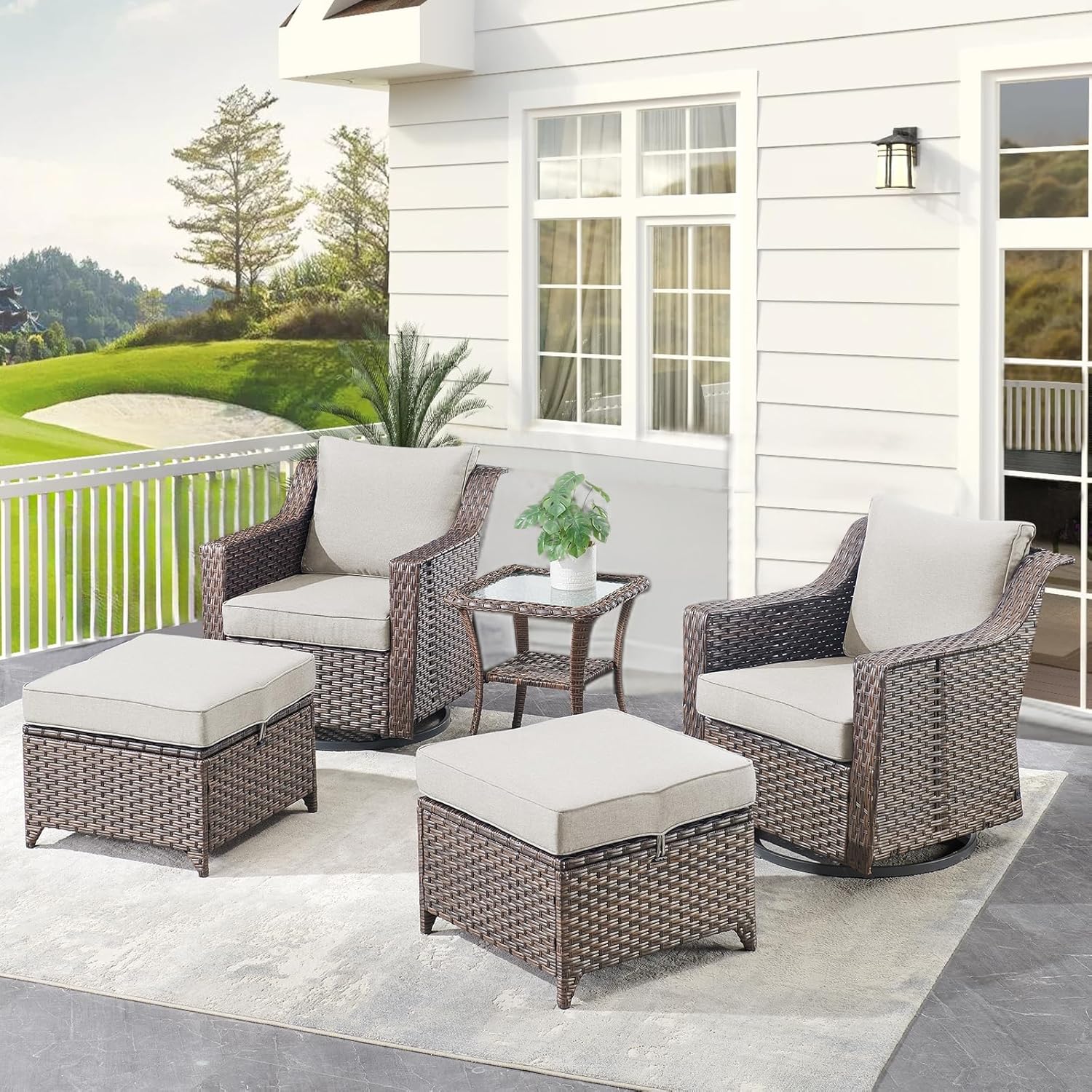 Outdoor Patio Wicker Swivel Chairs - Set of 2 Outside Resin Rattan Rocker Glider Gliding Chair Rocking Armchairs for Front Porch Balcony Backyard Yard Deck Poolside Apartment – Brown/Beige