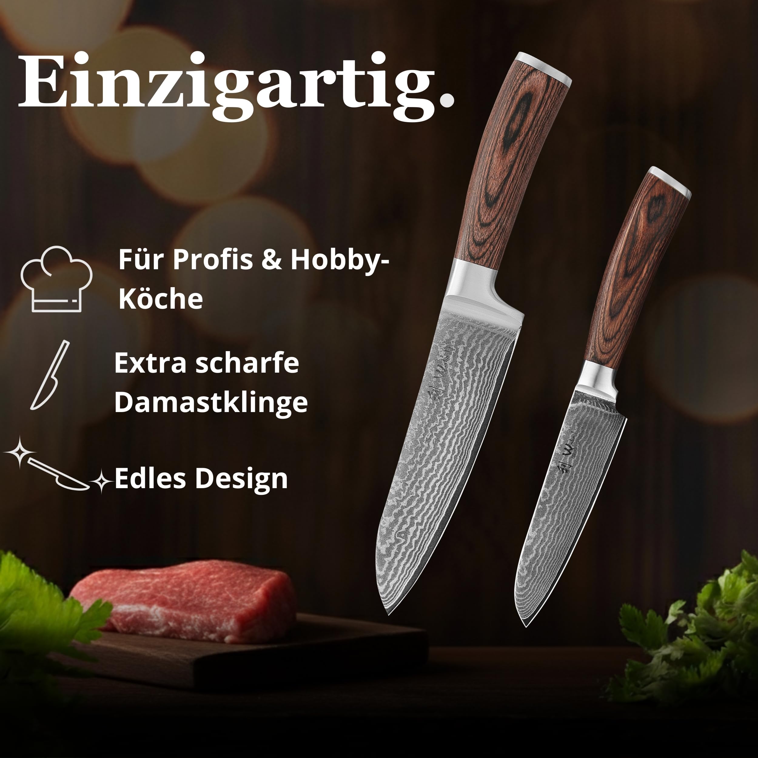 Wakoli EDIB 2-teiliges Küchenmesser Set aus echtem Damaststahl (VG10 Kern) in edler Geschenkbox – mit 2x Santoku Messer – Scharfe Damastmesser im Damastmesser Set mit ergonomischen Pakkaholzgriffen