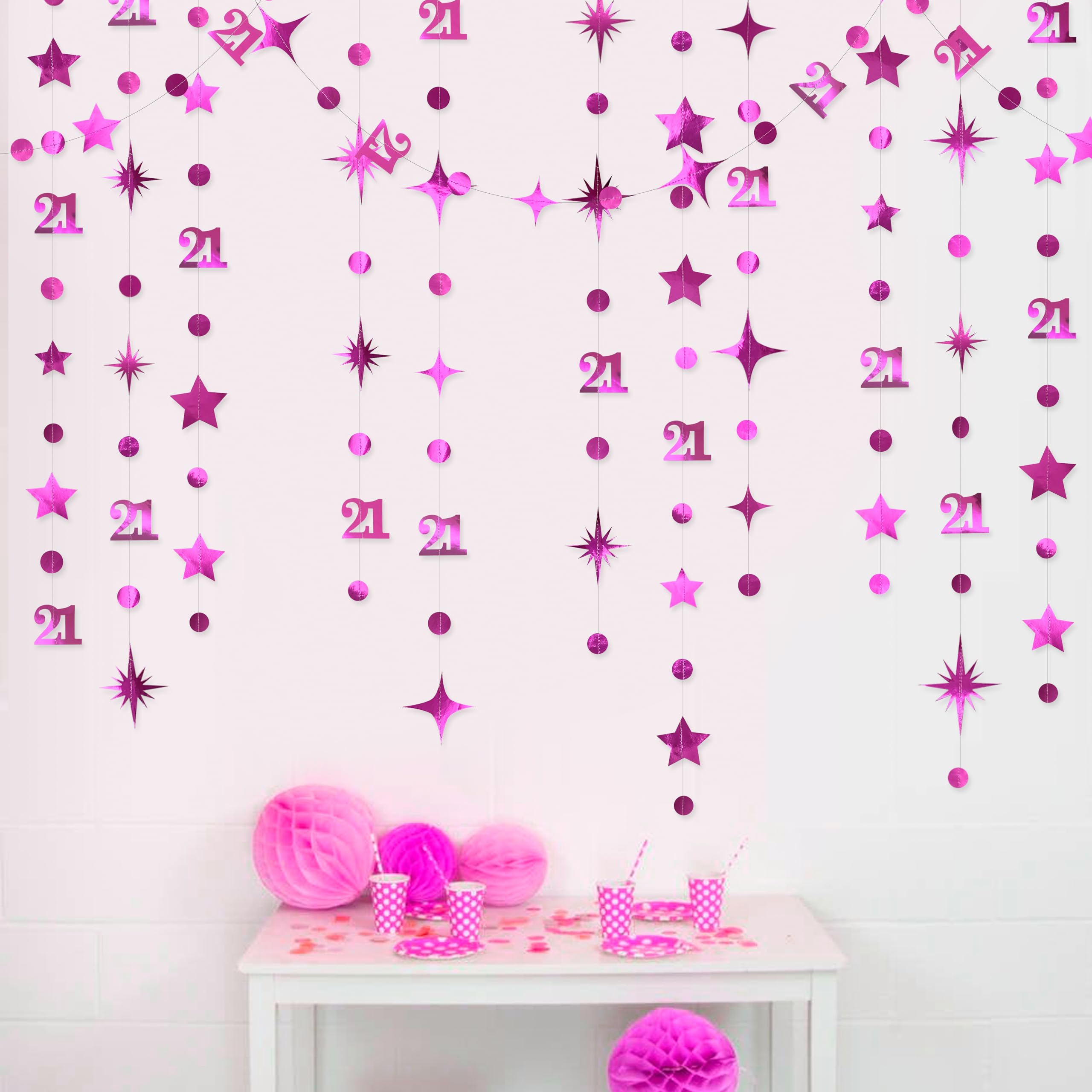 Guirnalda de estrellas brillante en rosa fucsia para fondo decorativo de feliz cumpleaños 21
