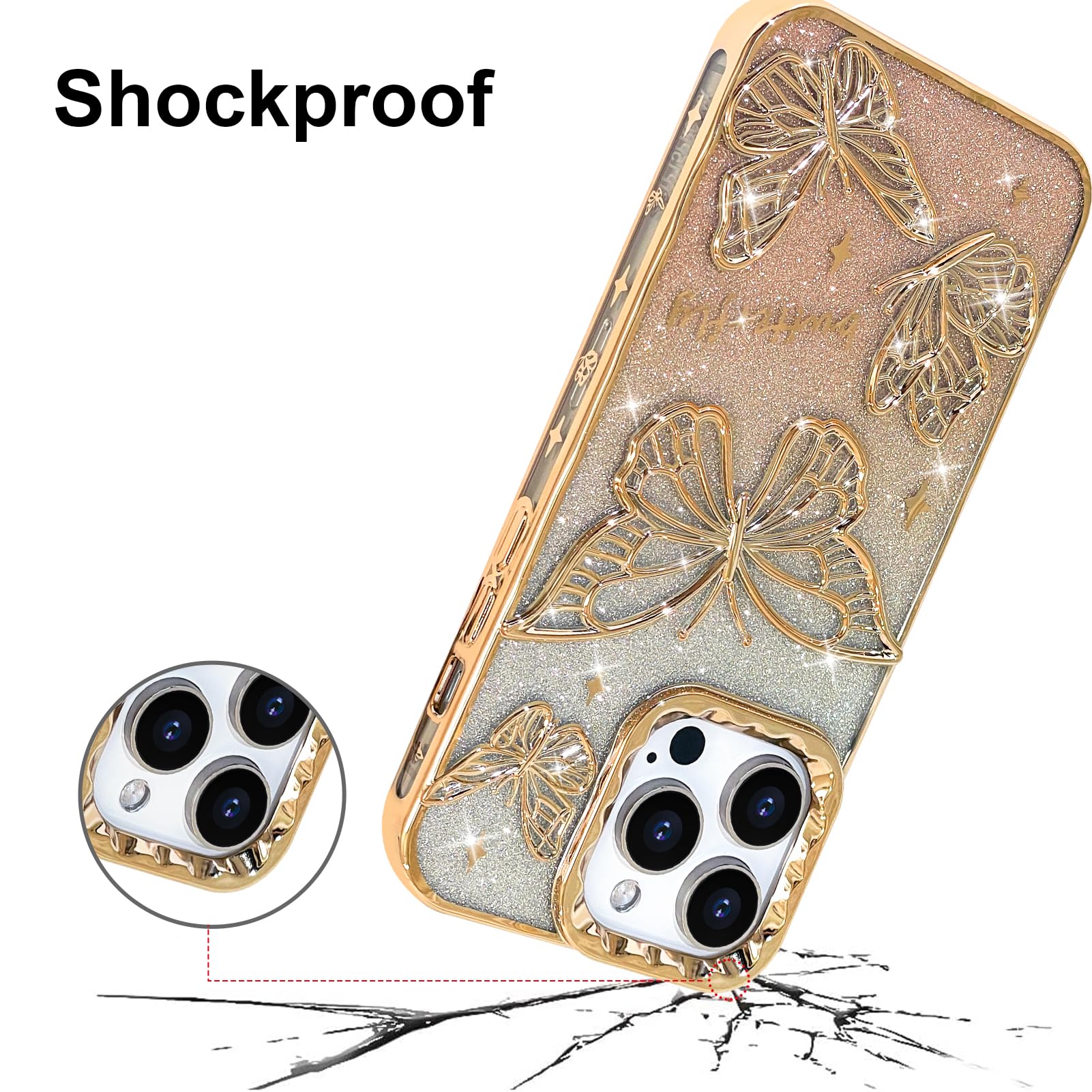 FOURTOC 3D Pizzo Farfalla Cover per iPhone 13/13 Pro/13 PRO Max Glitter Custodia in TPU Morbida Paraurti AntiGraffio Antiurto Protettiva Custodie Case,Black 2,13