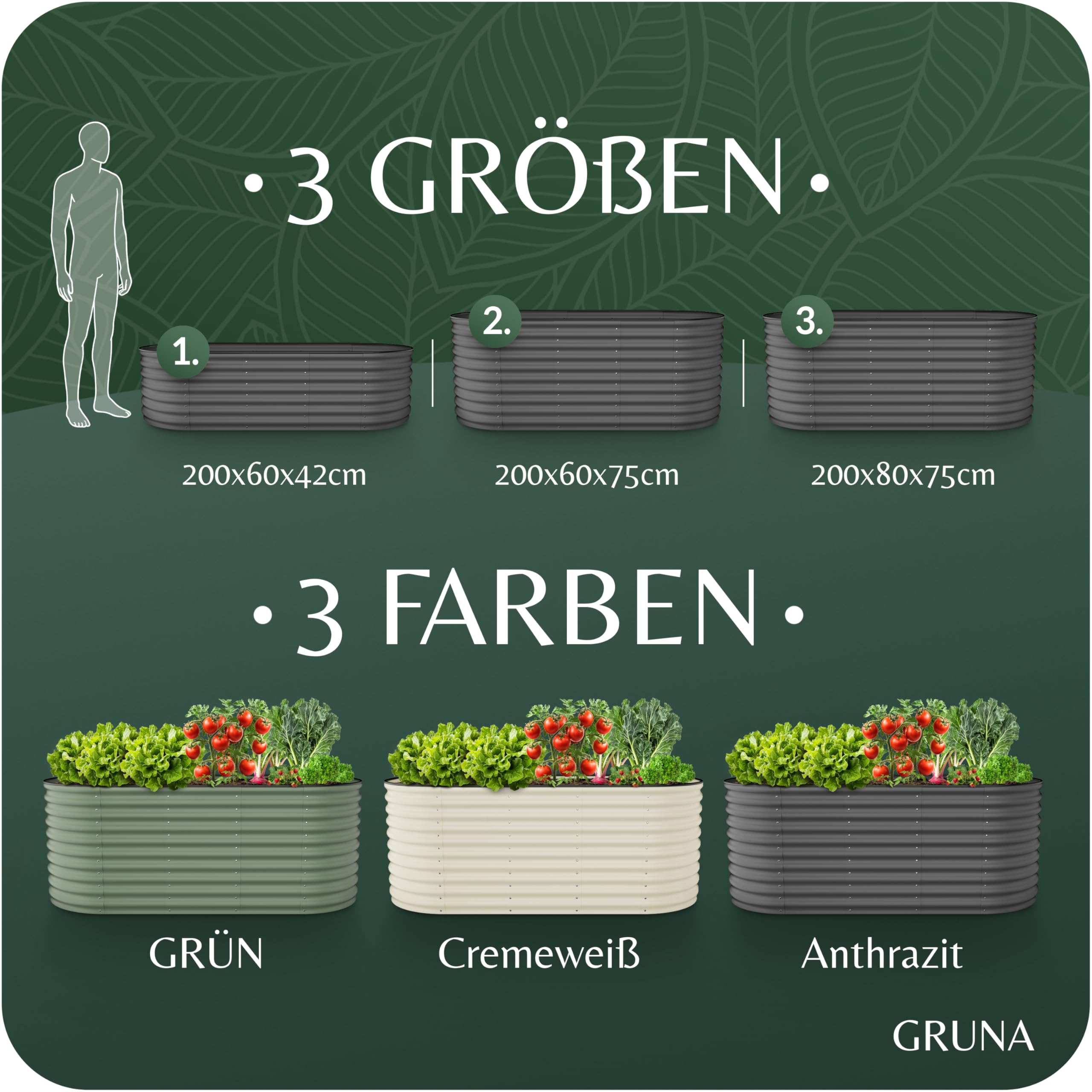 GRUNA - Hochbeet Metall 200x80x75 cm I 6 in 1 Modular Hochbeete-Kit I 100% Rostfrei I Formstabil Dank Verstrebung I Hochbeete für Garten I Hochbeet Anthrazit (200x80x75)