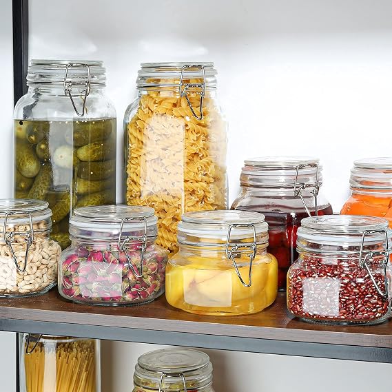 ComSaf Airtight Glass Canister Set of 6 Food Storage Jar (78oz/34oz) Storage Container with Clear Preserving Seal Wire Clip Fastening for Kitchen Canning Cereal,Pasta,Sugar,Beans,Spice