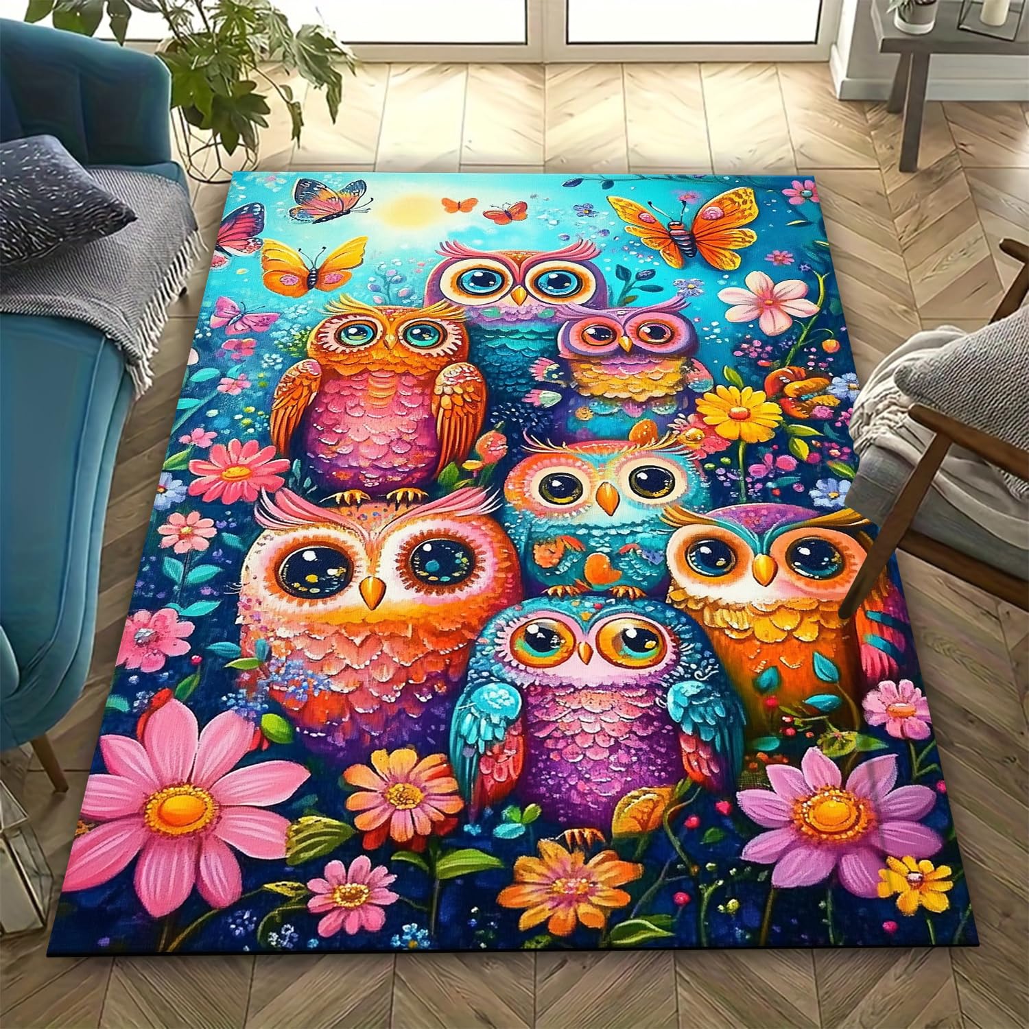 Tapis de salon antidérapant hibou 3D grand format poils ras facile à nettoyer