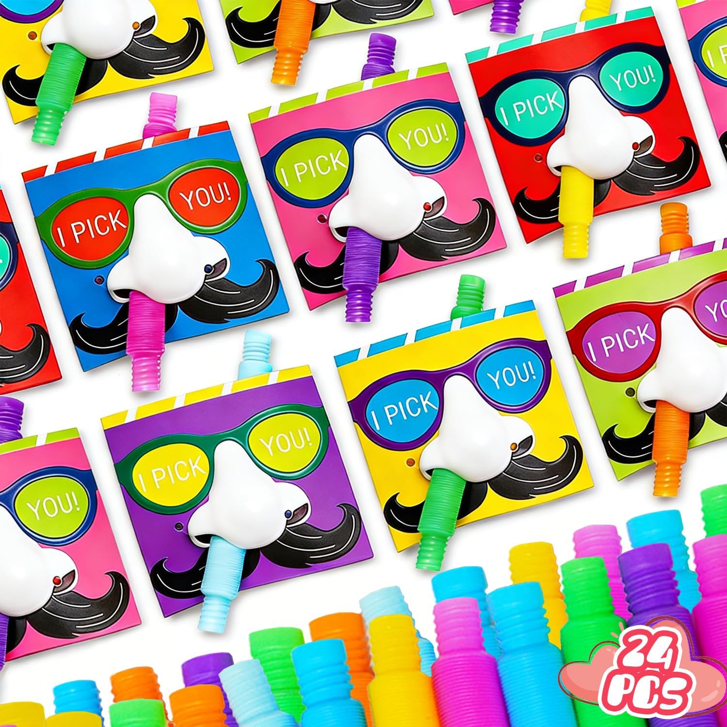 Valentines Day Gifts for Kids, 24 Sets Valentines Cards with Fidget Pop Tubes, Stretchy Stress Relief Fidget Toys for Kids, Valentines Exchange Cards Classroom Favors for Boys Girls School Class