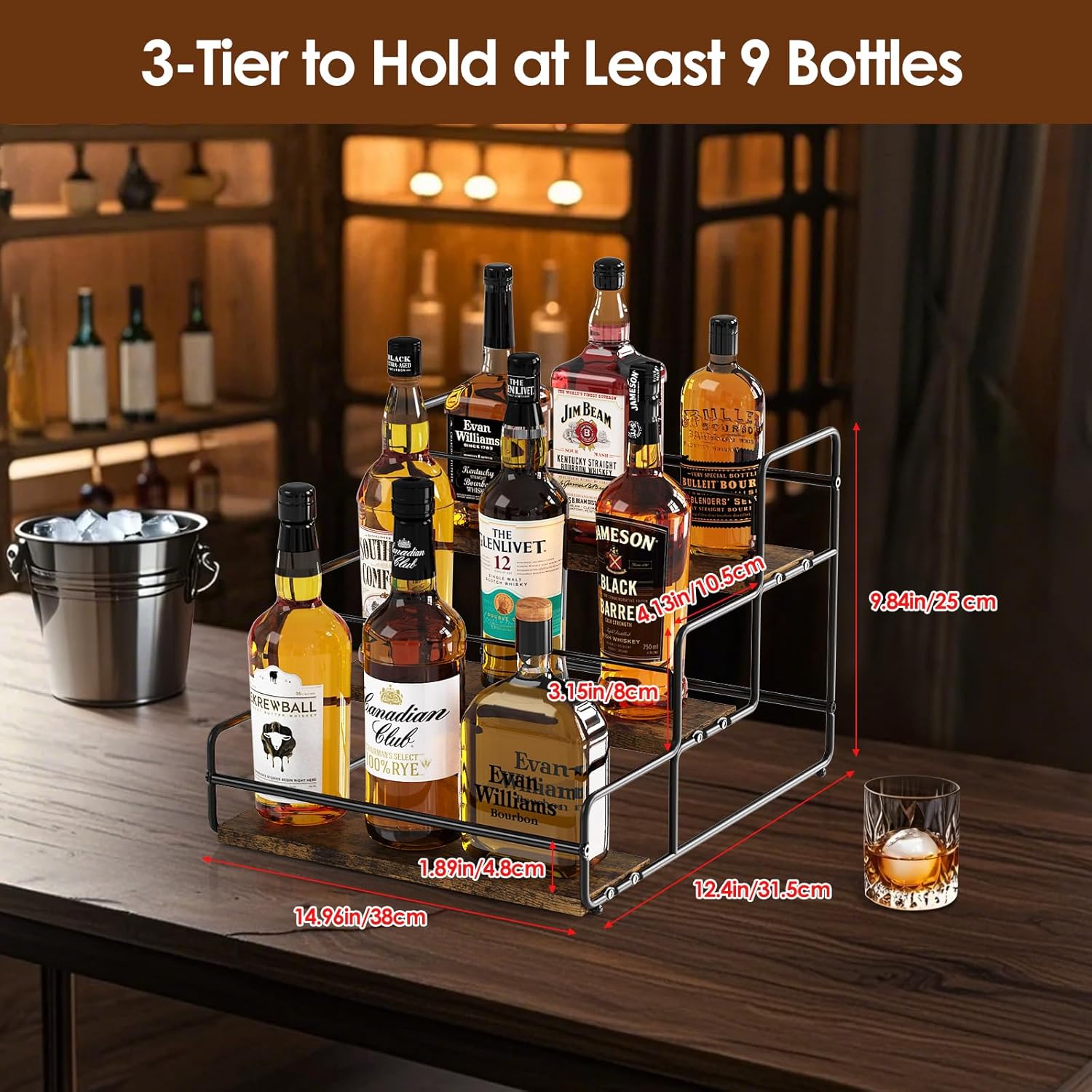 Nuovoware Liquor Bottle Display Shelf, 3 Step Wine Rack Countertop Liquor Shelf, Mini Bar Liquor Cabinet Kitchen Coffee Bar Shelf Stand for Whiskey, Black