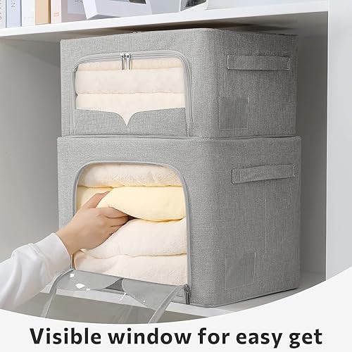 Miniatura 4 de Paquete de 3 contenedores de almacenamiento de ropa, caja de almacenamiento plegable con marco de metal, juego organizador de tela de lino apilable