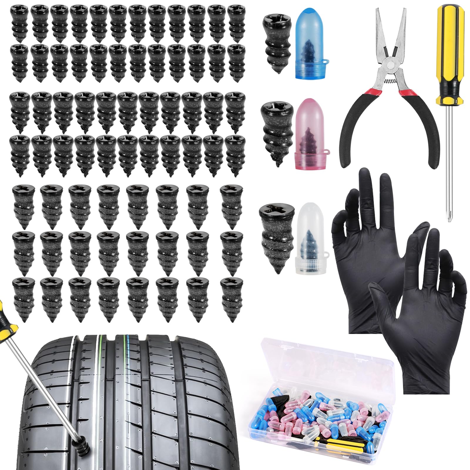 Nadinsta 75Pcs Tyre Repair Kit Rubber Nails, Car Puncture Repair Kit with Screwdriver, Fast Self-Service Tire Rubber Nails Tool, Tyre Repair Screw for Auto Motorcycles Bicycles (25S +25M +25L)