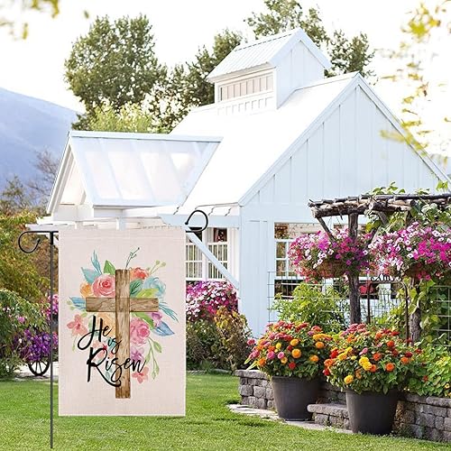 Miniatura 9 de Bandera de jardín de Pascua con texto en inglés He is Risen para exteriores de 12 x 18 pulgadas doble cara decoración religiosa de patio cristiano