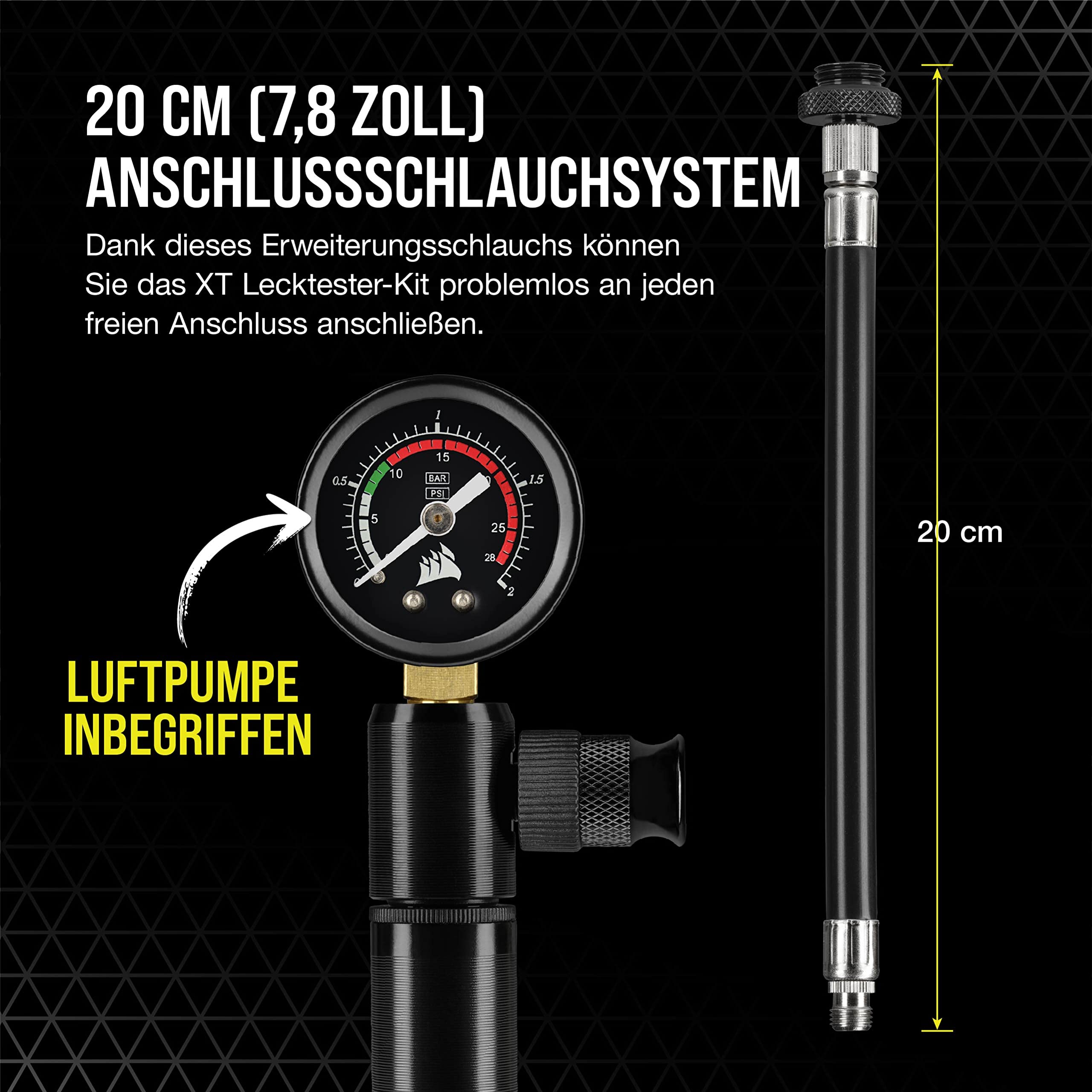 Corsair Hydro X Series XT Luftdruck-Lecktester-Toolkit (Schnell und Sicher, Handluftpumpe Inbegriffen, Genaue Druckmessergebnisse) Schwarz