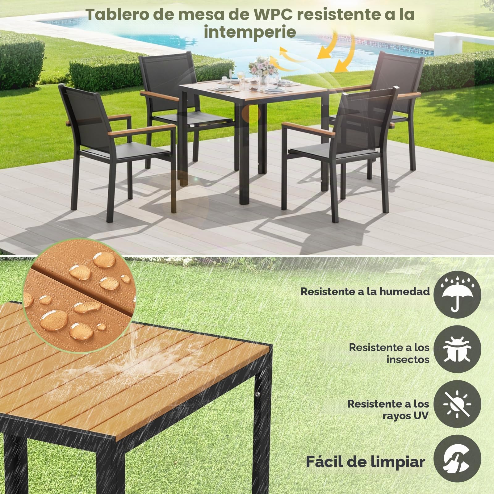 LIFERUN Mesa de jardín resistente a la intemperie, 75 x 75 cm, mesa de balcón de aluminio con tablero de WPC, mesa de comedor exterior para balcón y terraza, ligera, estable, cuadrada, color negro y