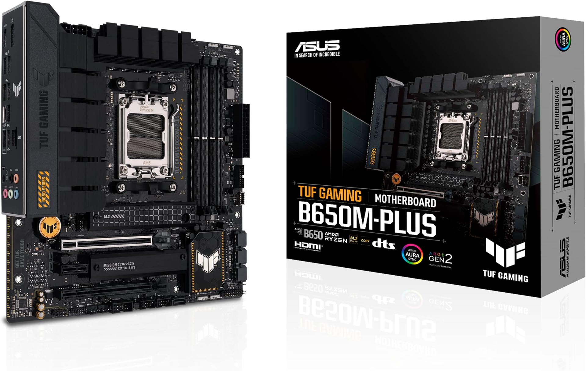 ASUS TUF GAMING B650M-PLUS AMD Ryzen AM5 Micro-ATX motherboard, 14 power stages, PCIe 5.0 M.2 support, DDR5 memory, 2.5 Gb Ethernet, USB4 support and Aura Sync