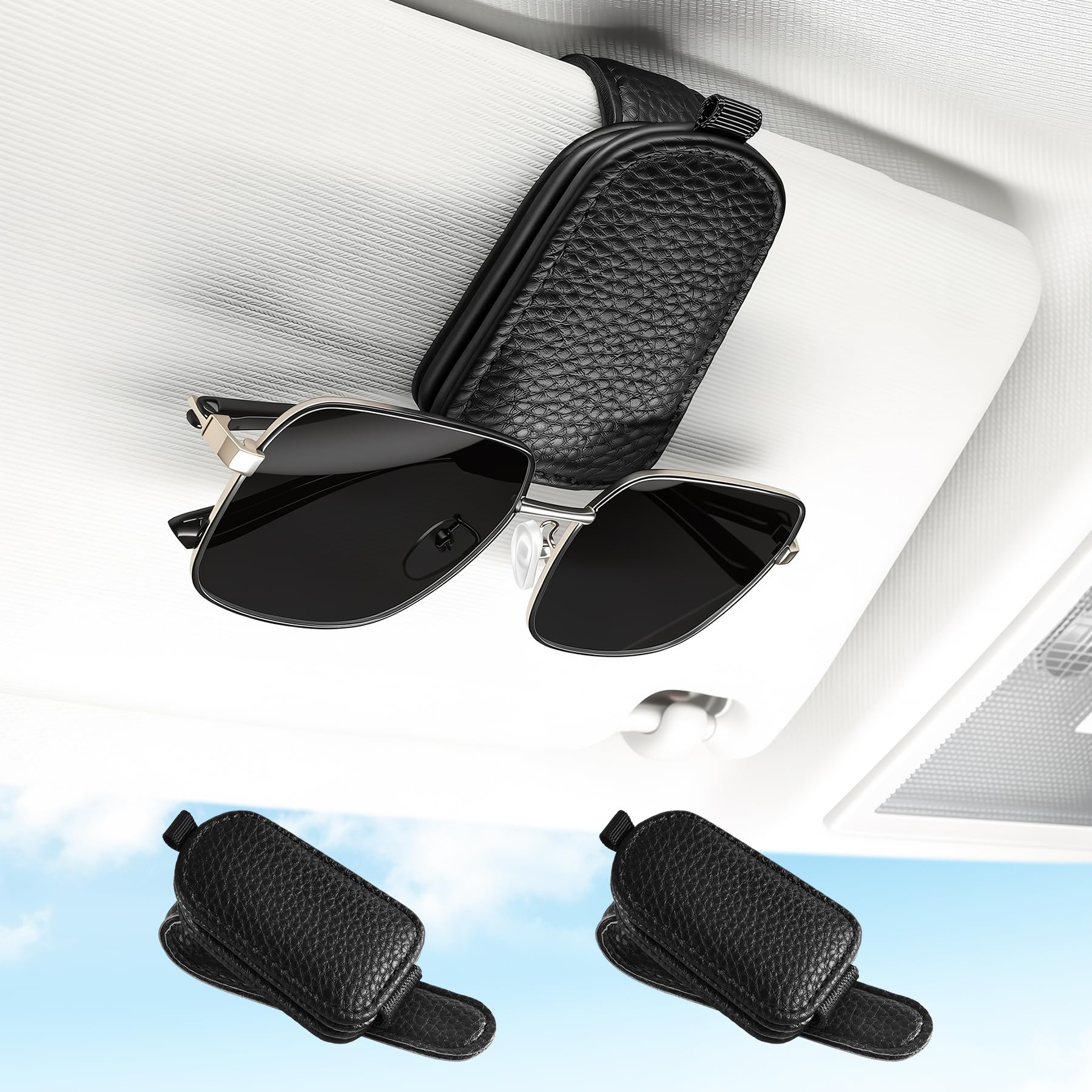 SINGARO Sonnenbrillenhalter für Auto, Leder, magnetische Schnalle, Sonnenblende, Sonnenbrillen-Clip, Ticketkartenaufbewahrung, Brillenclip, Auto-Innenzubehör für Männer und Frauen (2 Stück, schwarz)