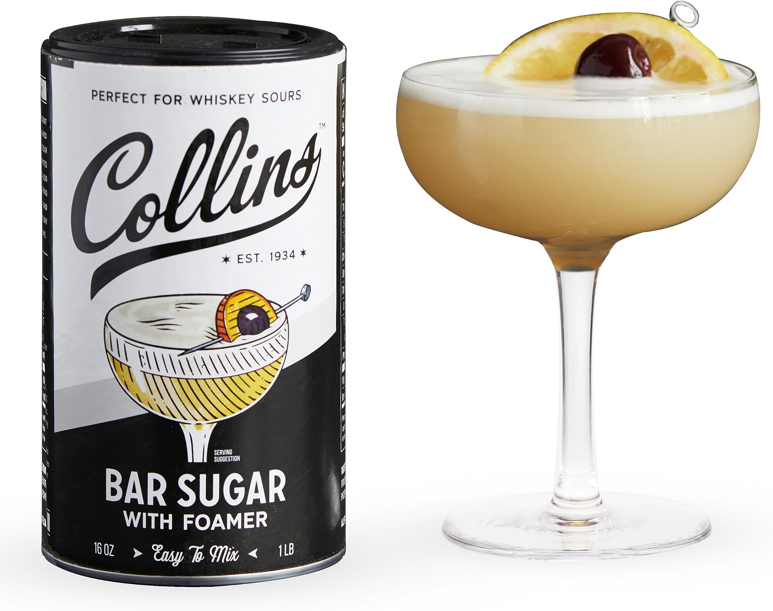 Collins Bar Sugar with Foamer | Create Foam Cocktails and Enhance Texture in Drinks with Cocktail Foaming Agent, Easy Eggwhite Style Drinks, 16oz
