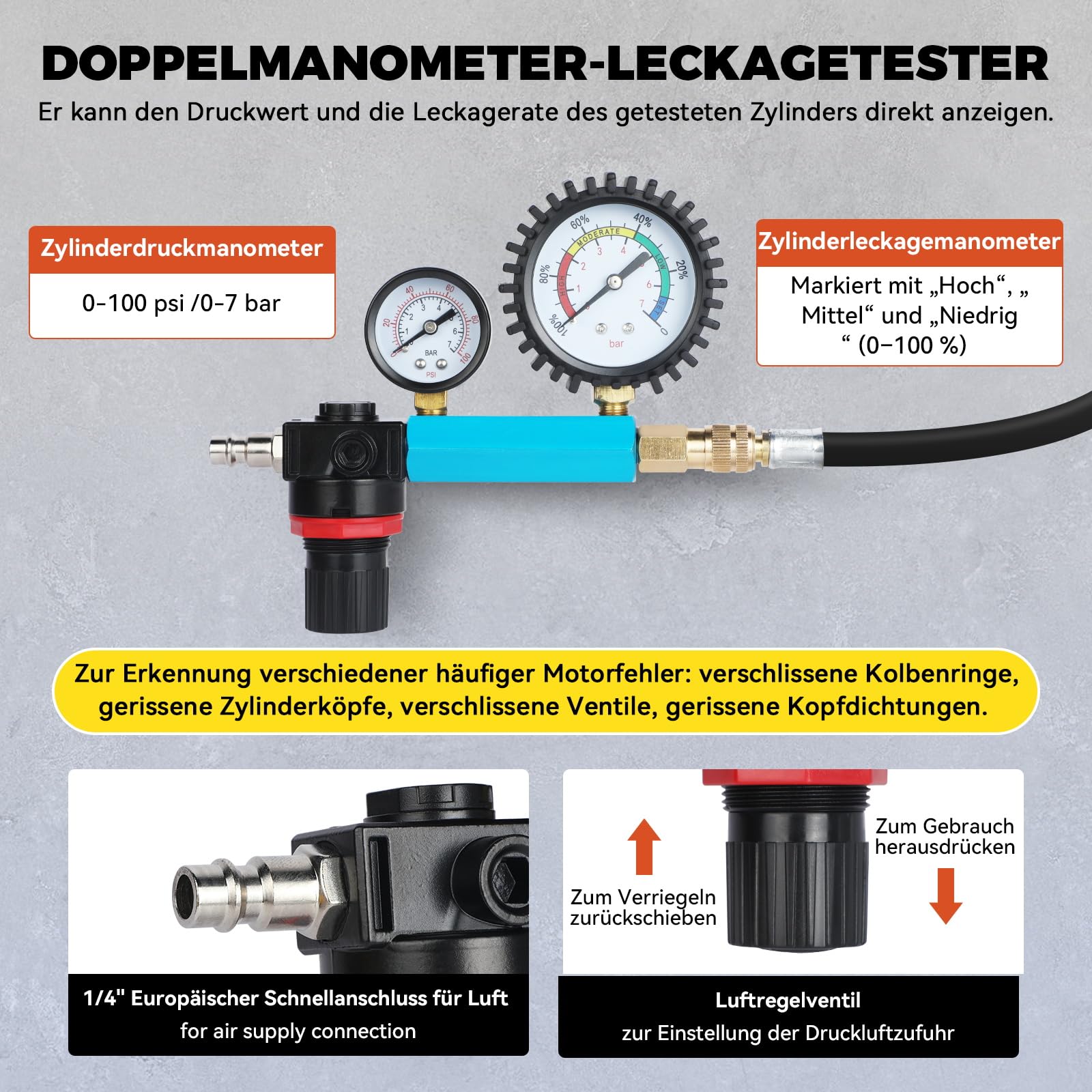 46-tlg Profi Kompressionstester Satz KFZ Druckverlustprüfer Motoren Prüfer kompatibel mit Diesel- und Benzinmotoren, Kompressionsprüfer mit Adapter für PKW, LKW, Motorräder