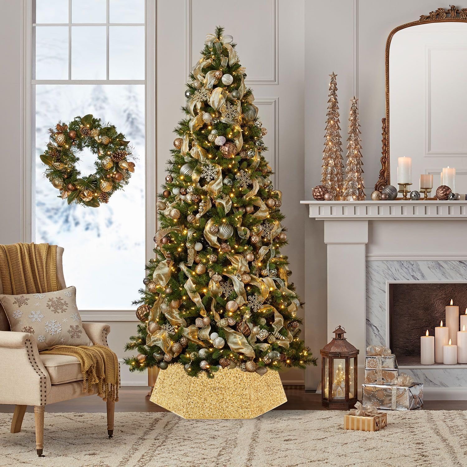 Gold Tree Collar for 9 ft Tree 31.49 Inch Shimmer Christmas Tree Ring Velvet Tree Skirt Cover for Xmas Pencil Tree Holiday Decor