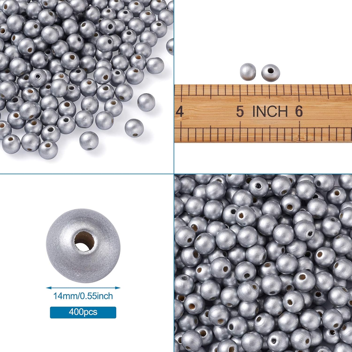 FASHEWELRY 400Pcs Metallic Silver Wood Beads 14mm Rustic Farmhouse Wooden Ball Beads Wood Macrame Beads for Xmas Home Decor DIY Garland