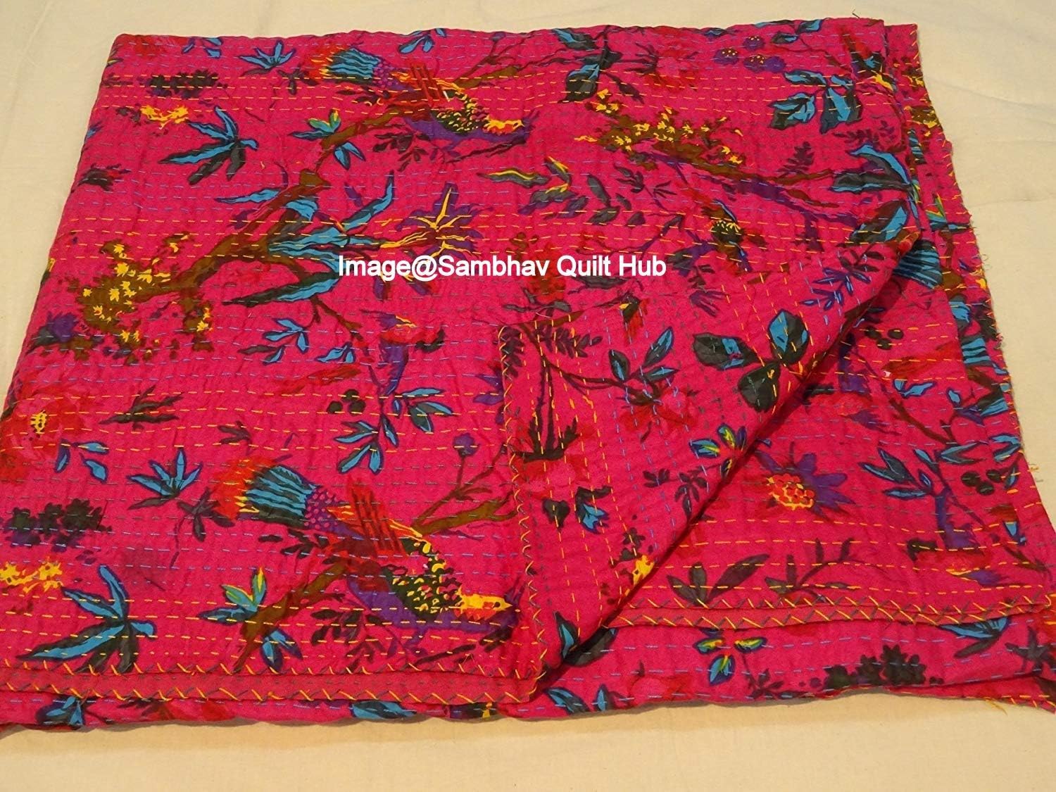 Queen/Twin/King Pink Bird Home Decor Bed Bohemian Bird Queen Bedspread Handcrafted Handmade Quilt Kantha Bird Print Cover Unique Blanket Bedding Quilt (60X90 inch)