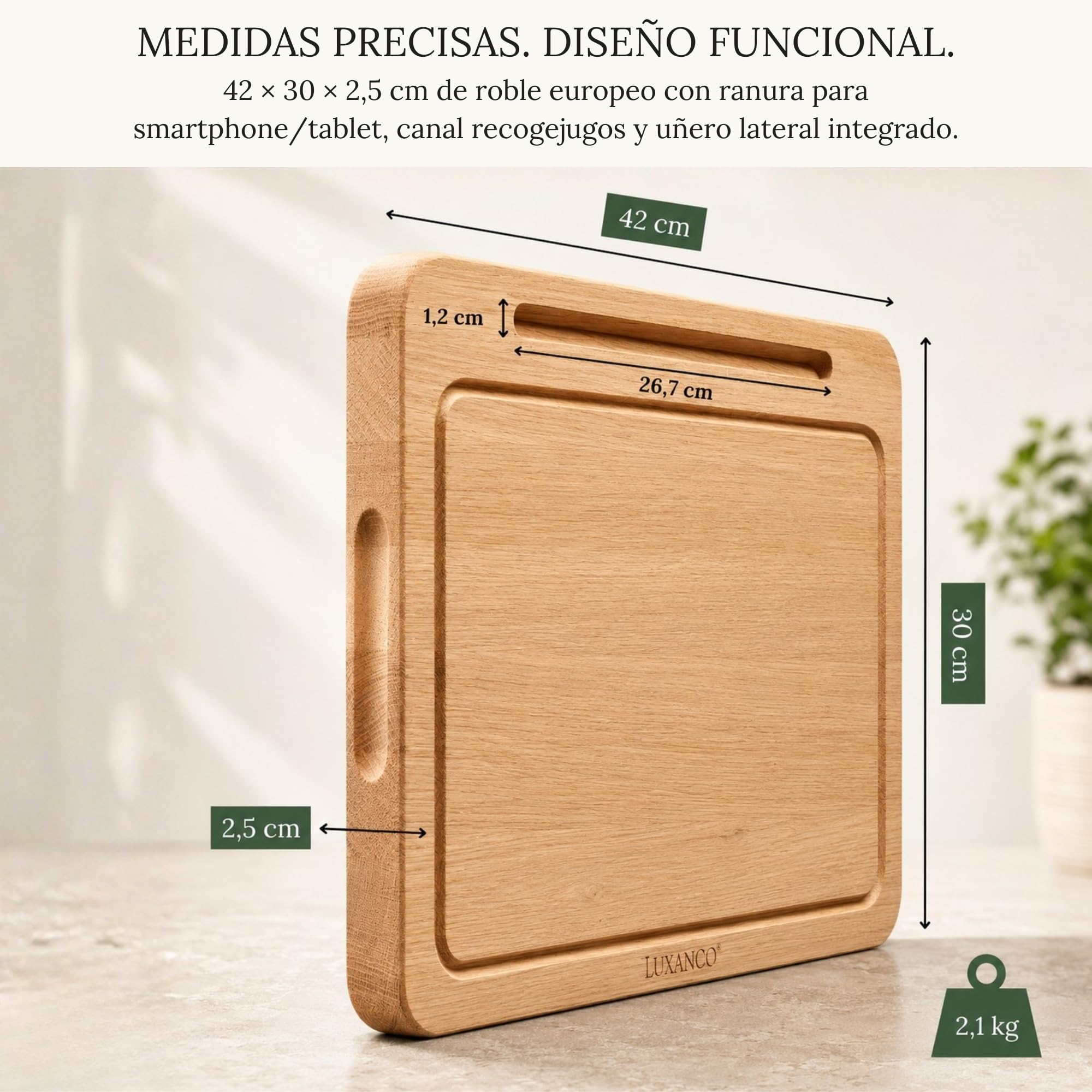 Tabla De Cortar Madera Roble Macizo Profesional 42x30cm Soporte Tablet Integrado Tabla Cocina Grande Reversible Bandeja Servir Quesos Embutidos Cutting Board Wood Antibacteriana FSC