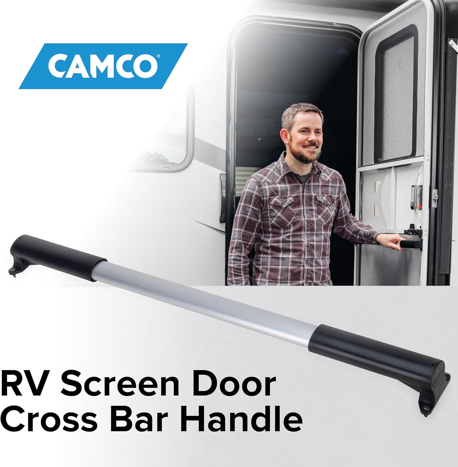 Camco Camper/RV Screen Door Cross Bar - Protects The Screen Door & Allows for Easier Exit from Travel Trailer - Adjusts from 21-5/8-Inches to 28-5/8-Inches (42183)