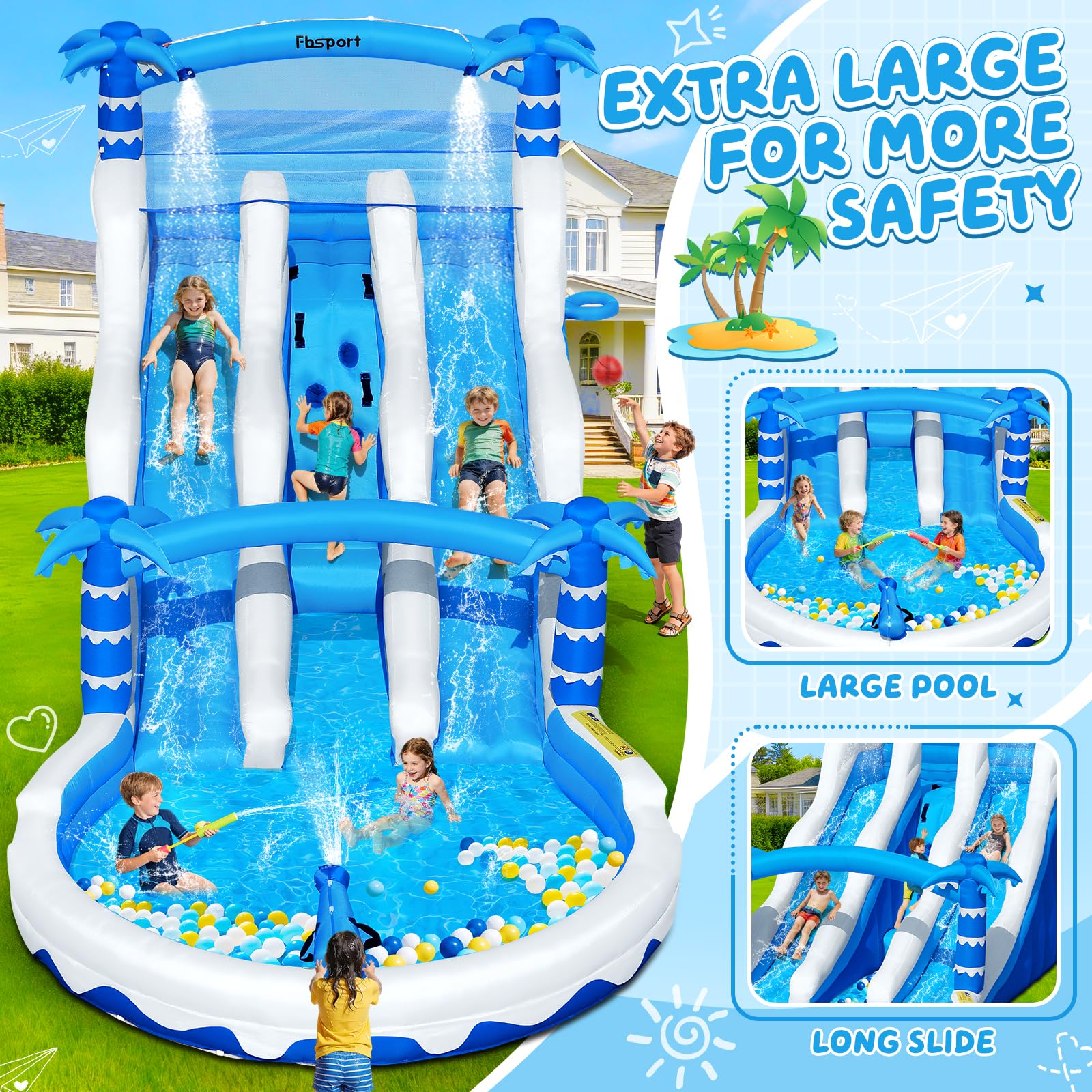 Hüpfburg XXL mit 2 Wasserrutsche für Gewerblichen Erwachsene & Kinder, Aufblasbare Bouncy Castle für Indoor Outdoor mit Gebläse Größe Pool Rutsche Korb Sprinkleranlage und Kletterwand, 630x290x285 cm