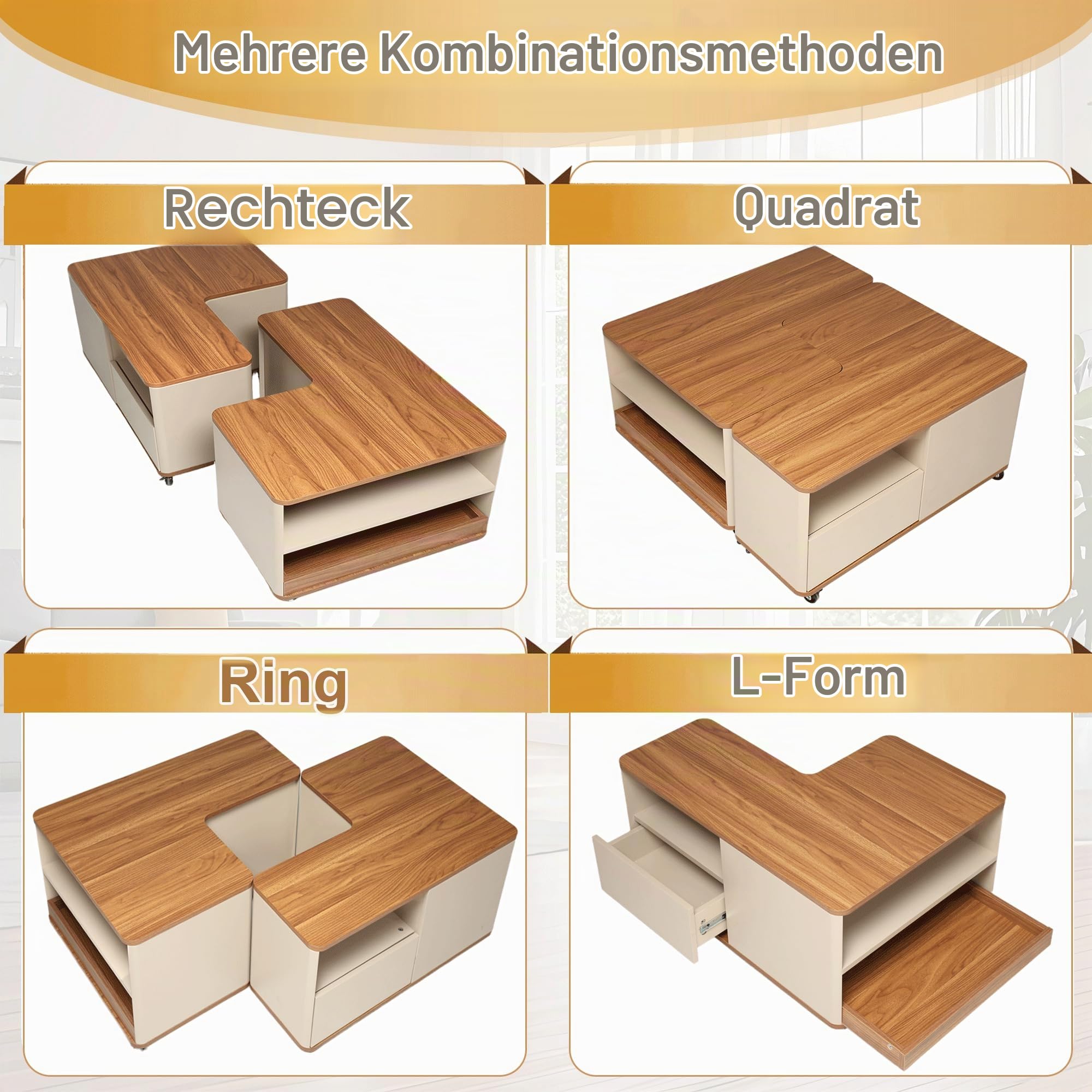 Modularer Couchtisch Holz mit 12 Rollen, Wohnzimmertisch 2er Set mit 2 Schubladen Stauraum & 2 Tabletts, Kaffeetisch Flexibler Kombinierbarer, Couchtische, Wohnzimmer Tisch für Couch (Braun)