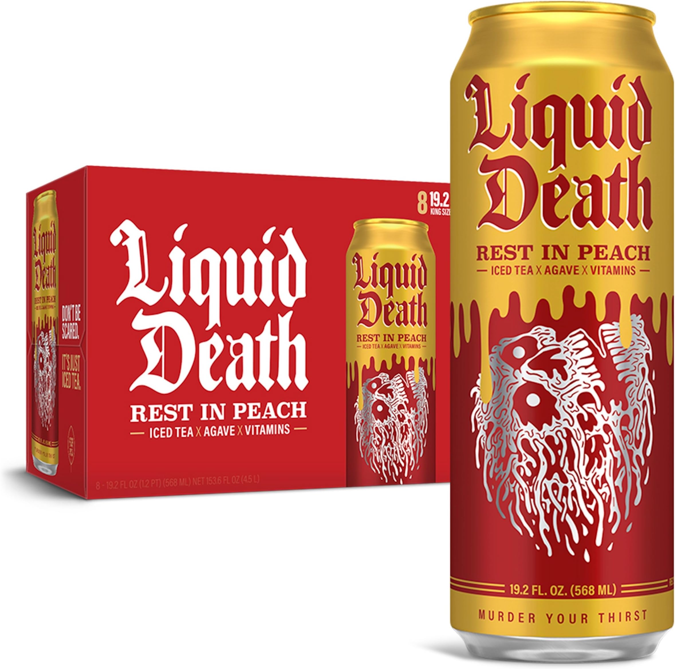 Liquid Death, Rest in Peach Iced Tea, 8-Pack (19.2oz Cans), Peach Flavored Back Tea, Low Calorie, No Artificial Sweeteners, B12 & B6 Vitamins