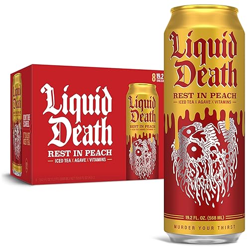 Liquid Death Iced Black Tea, Rest in Peach 19.2 oz King Size Cans (8-Pack) - Rest in Peach - 19.2 Fl Oz (Pack of 8)