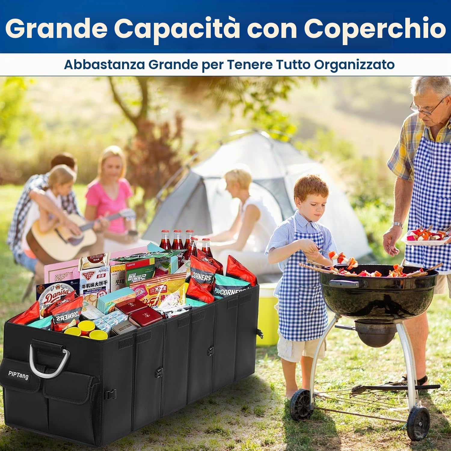 Organizer per bagagliaio XXL, pieghevole, 90 cm, grande con manici in alluminio rinforzati, fondo antiscivolo e tasche multiple, per auto, SUV e camion