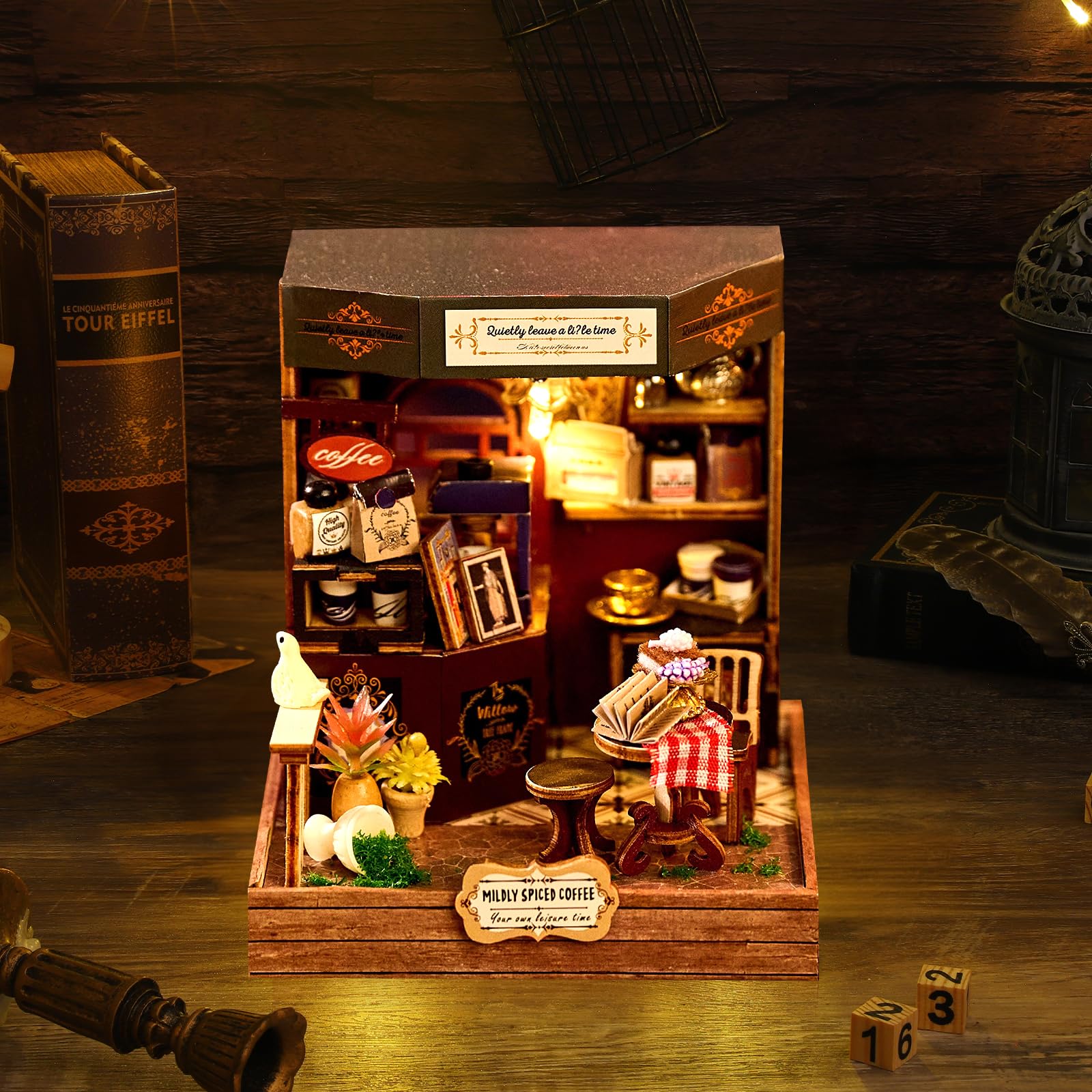 Cuteefun Kit per Casa Delle Bambole, con Luce LED, Modellino in Legno per Adulti e Adolescenti, Costruite la Casa dei Vostri Sogni, Compleanno Regali di Natale (Mildly Spiced Coffee)