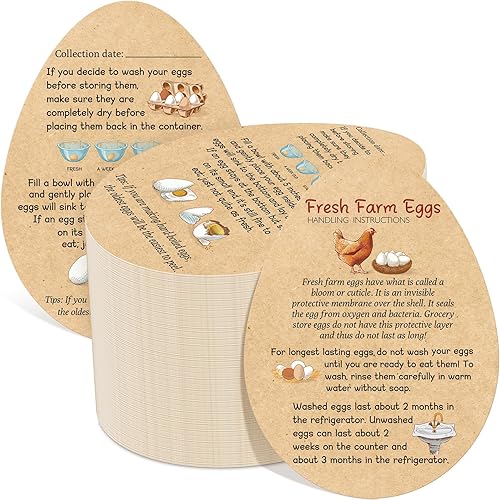 Kisston 200 unidades de tarjetas de instrucciones de manejo de huevos frescos de granja de 3.5 x 2.6 pulgadas, sello de cartón de huevos