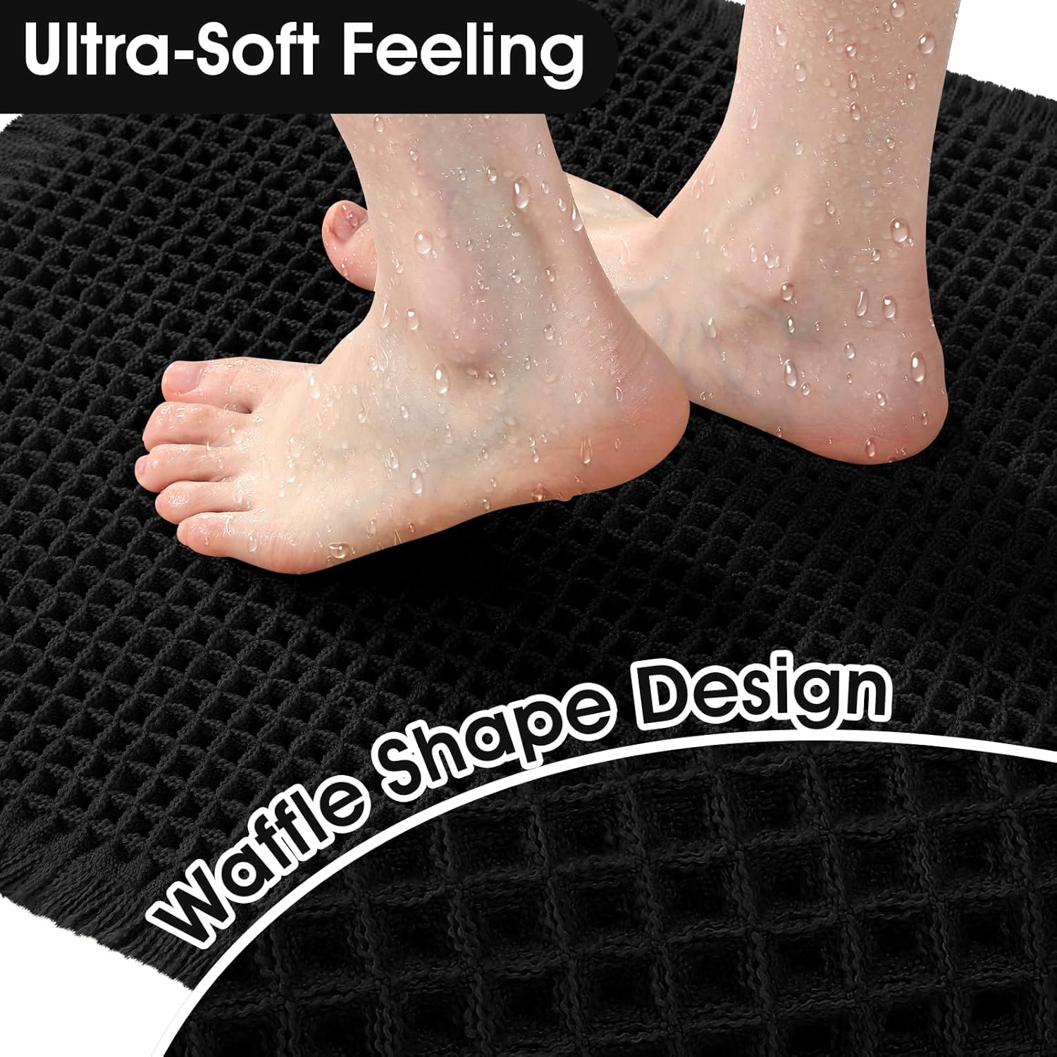 ACCUMTEK Upgraded Waffle Bath Mat, 32"x20" Black, Super Absorbent Non-Slip Quick Dry Bathroom Rugs with Tassels, Machine Washable Ultra Soft Boho Bath Rugs for Floor, Toilet Mats Boho Farmhouse Decor