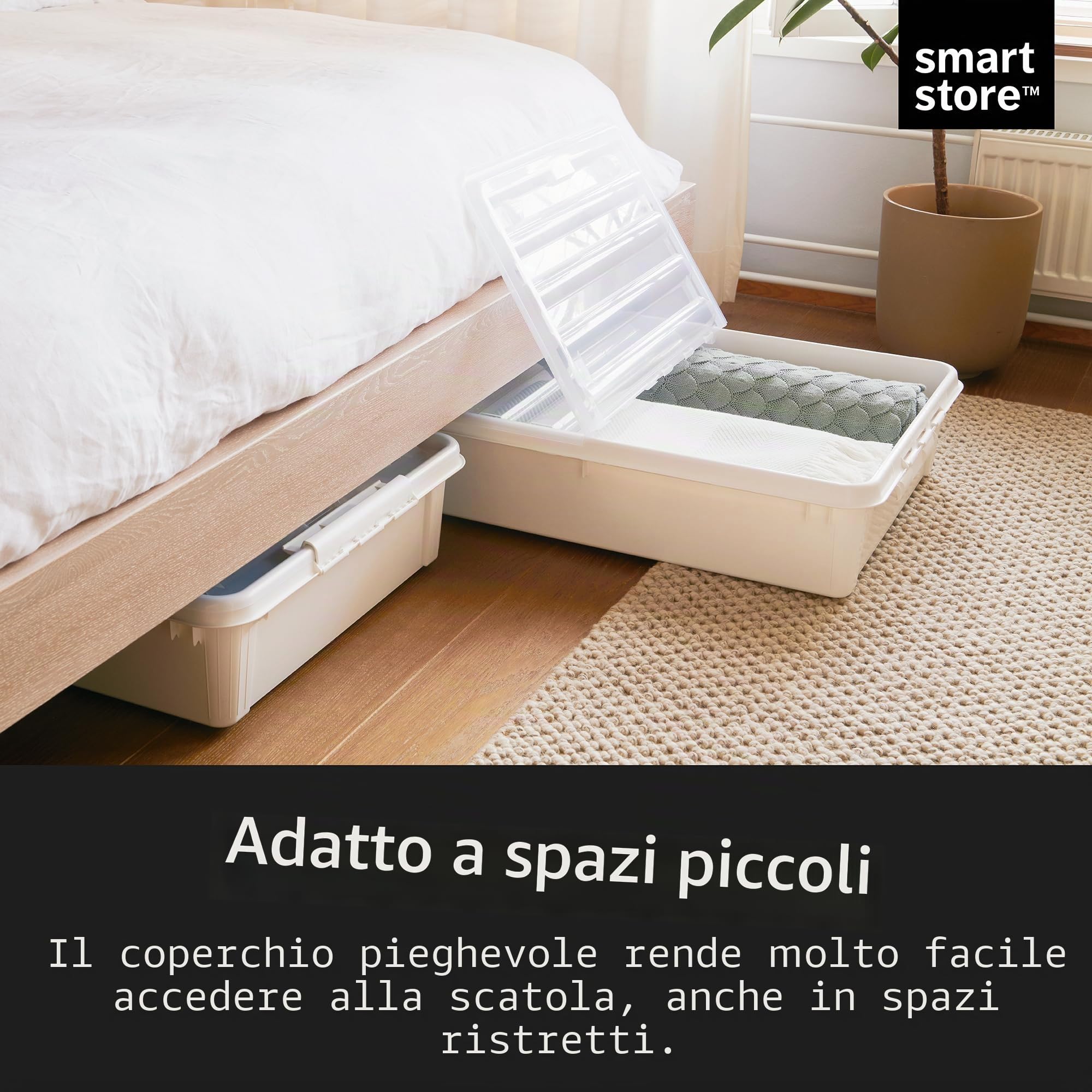 SmartStore Grande scatola portaoggetti da mettere sotto il letto, con coperchio e ruote, 60 l, coperchio pieghevole trasparente, clip resistenti, in plastica riciclata, 79 x 59 x 18,5 cm