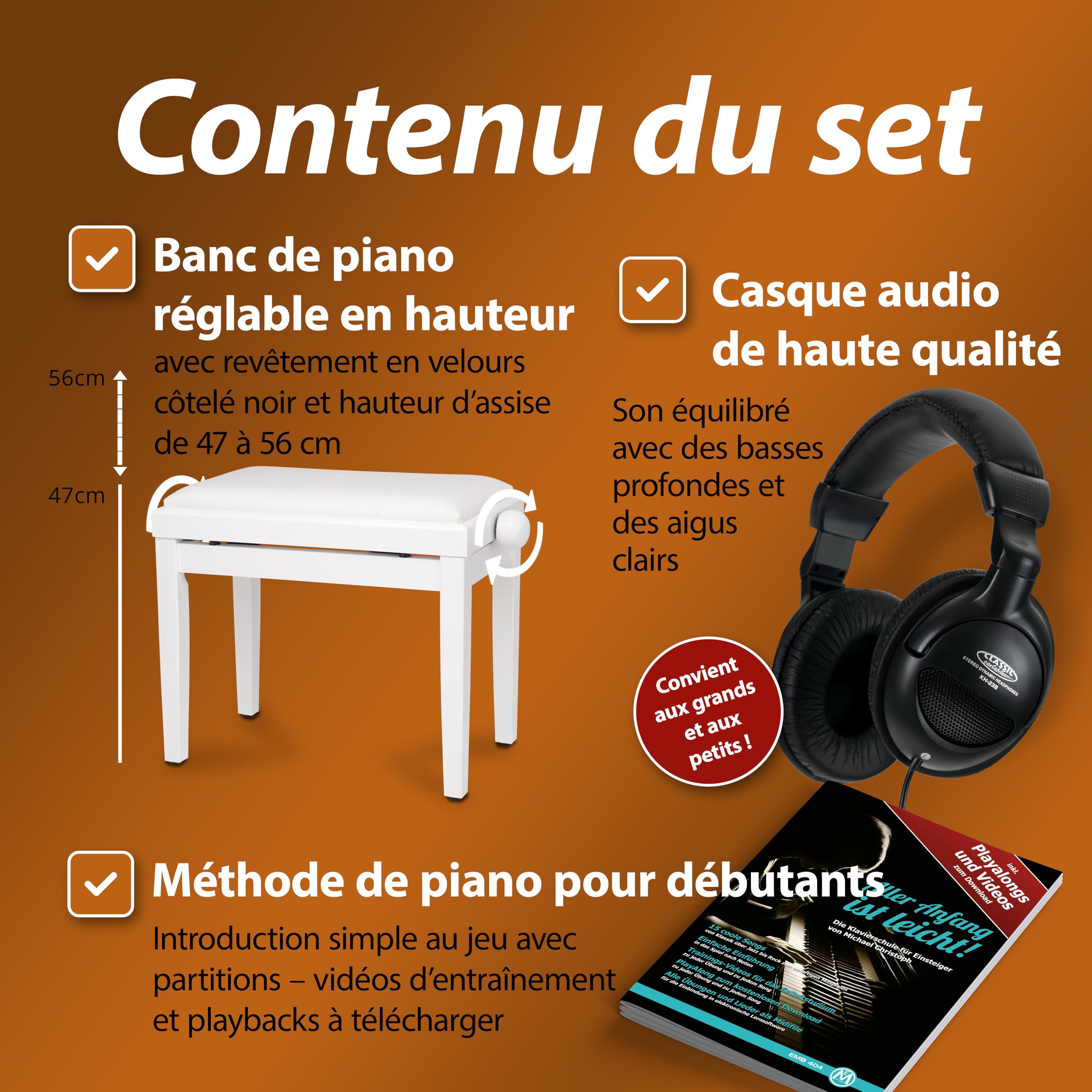 Classic Cantabile DP-50 WM Piano Numérique - 88 touches clavier pondérée à marteaux - Clavier électronique USB, 3 Pédales, 32 polyphonie - Synthetiseur debutant - Set Banquette & Casque - Blanc mat